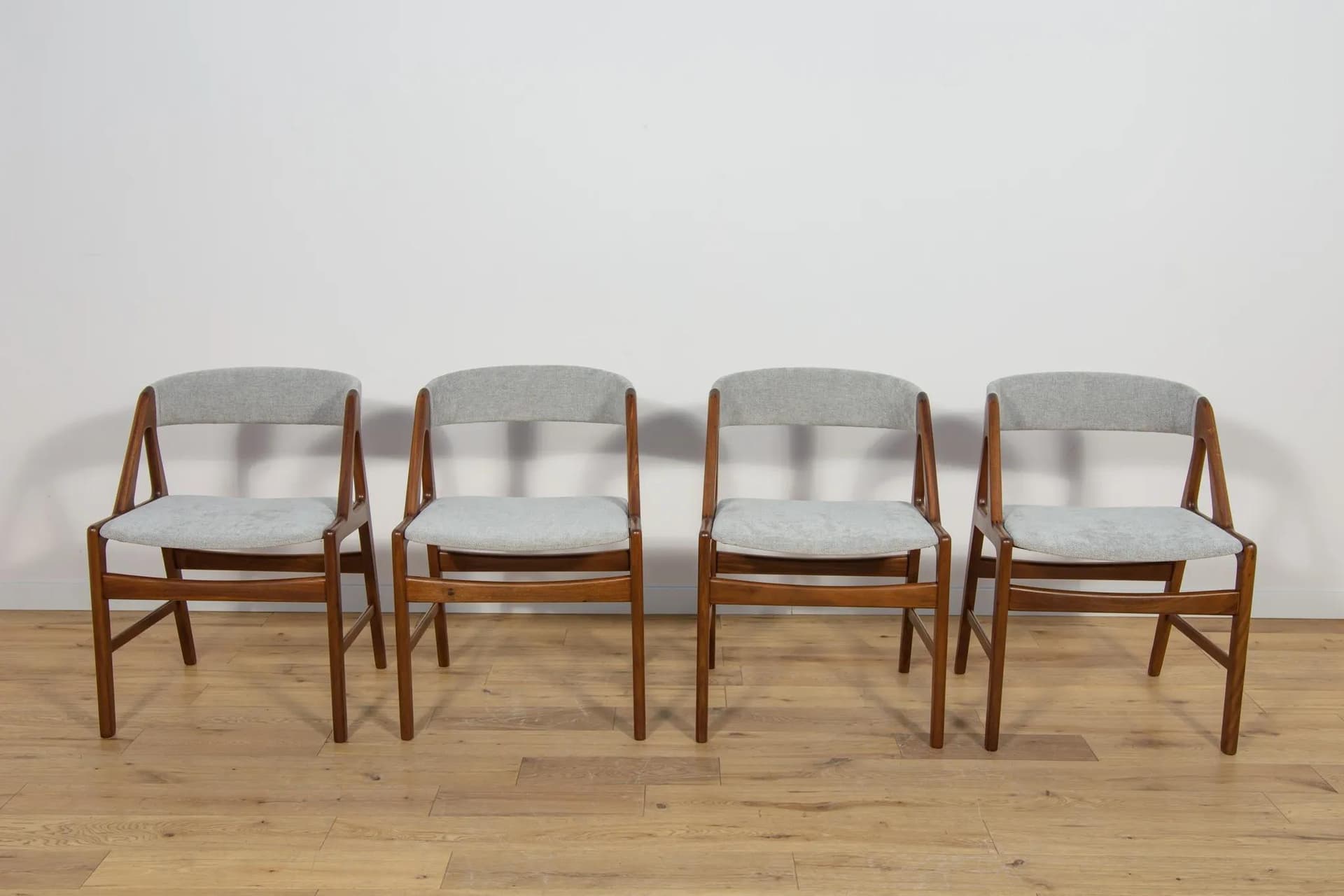 Set of four chairs, brown teak, grey upholstery, Denmark, 1960s. - 75410