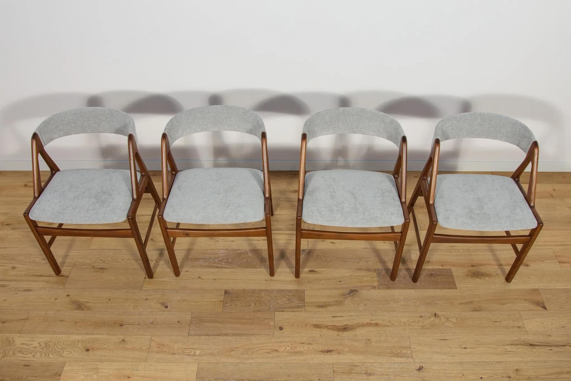 Set of four chairs, brown teak, grey upholstery, Denmark, 1960s. - 75411