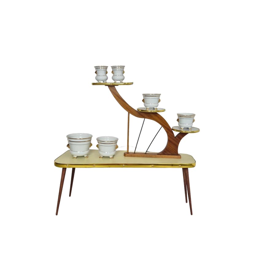 Multi-tier plant stand Rockabilly, ivory white, beech wood, plastic, metal, Germany, 1960s.