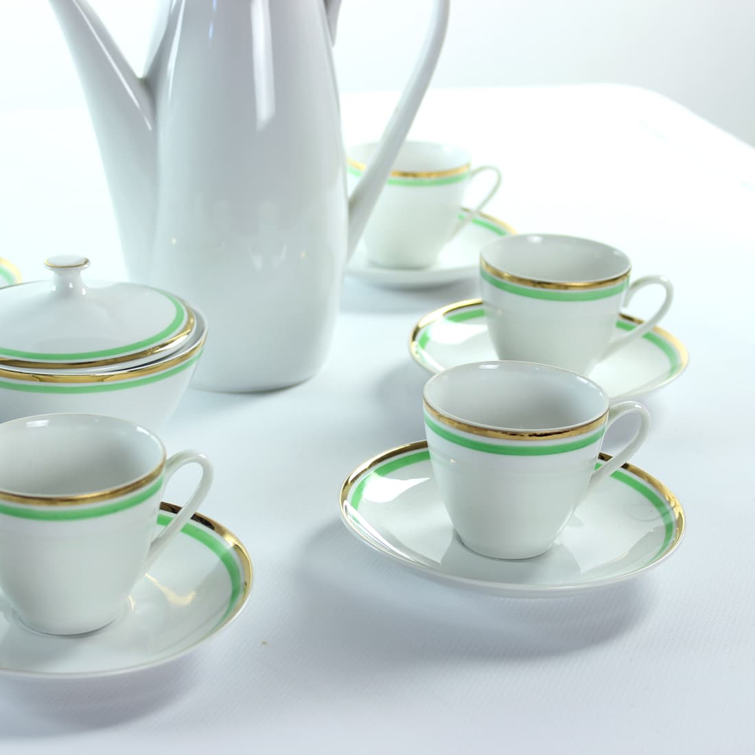 Coffee set, white green gold, porcelain, Bohemia, Czechoslovakia, 1950s. - 76317