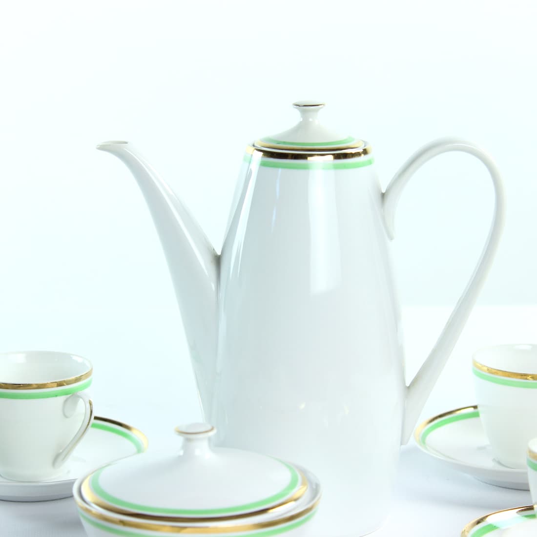 Coffee set, white green gold, porcelain, Bohemia, Czechoslovakia, 1950s. - 76320