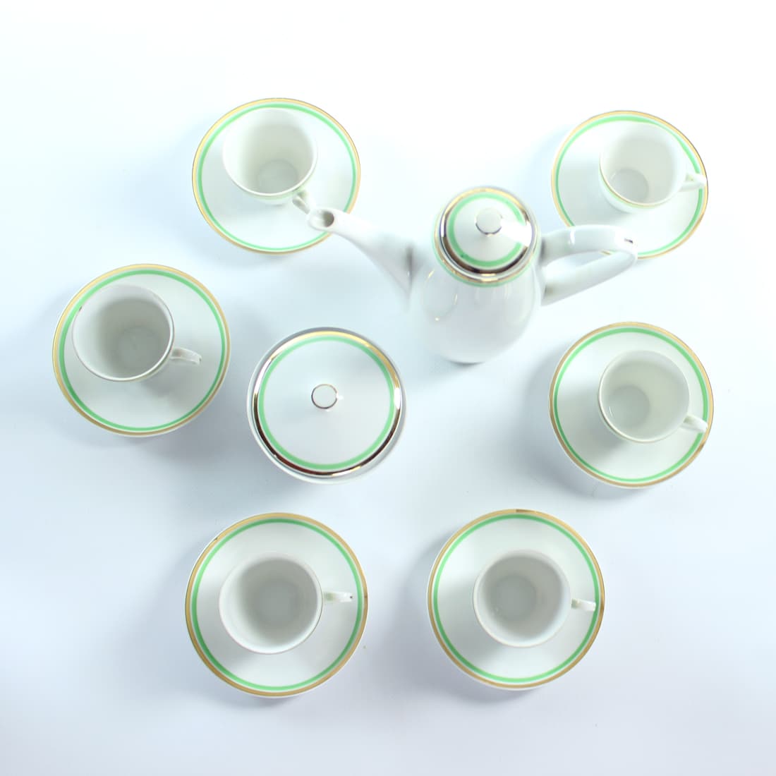 Coffee set, white green gold, porcelain, Bohemia, Czechoslovakia, 1950s. - 76315