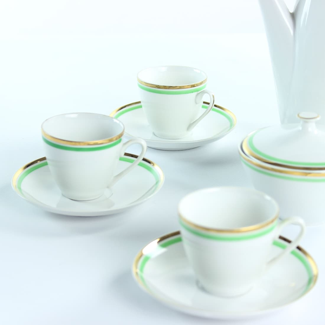 Coffee set, white green gold, porcelain, Bohemia, Czechoslovakia, 1950s. - 91469