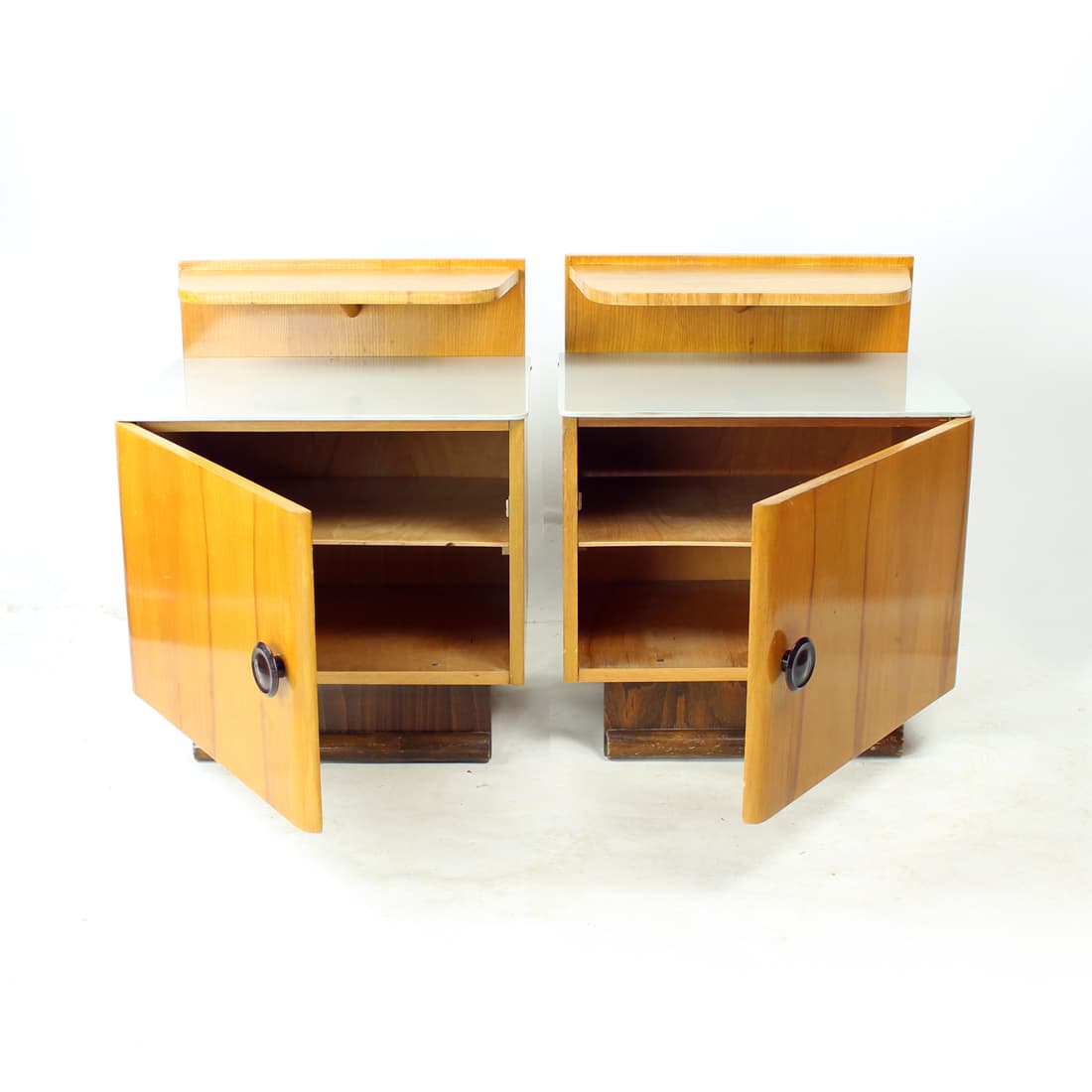 Pair of nightstands, brown oak, grey glass, Czechoslovakia, 1950s. - 90909