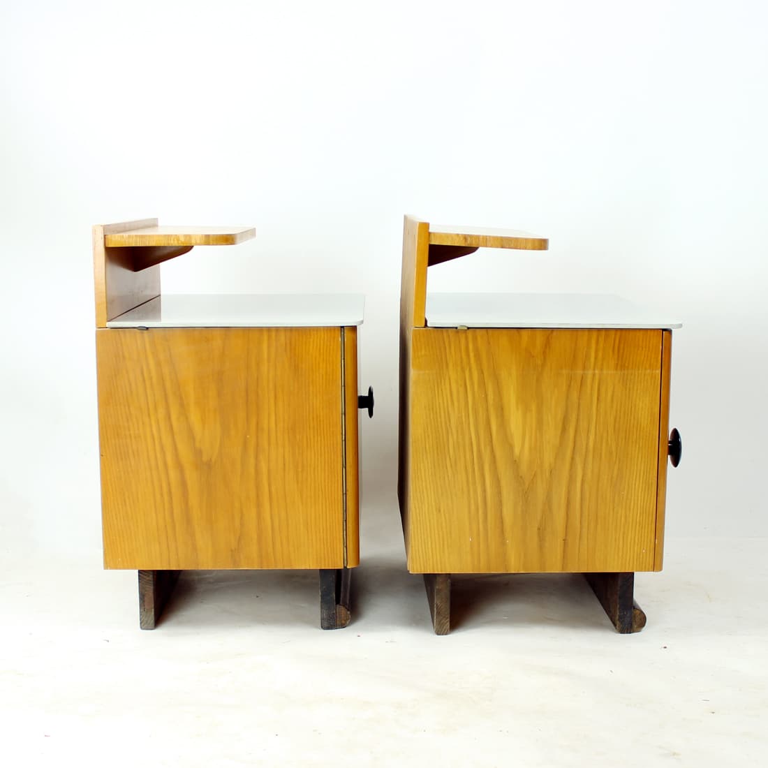 Pair of nightstands, brown oak, grey glass, Czechoslovakia, 1950s. - 90901
