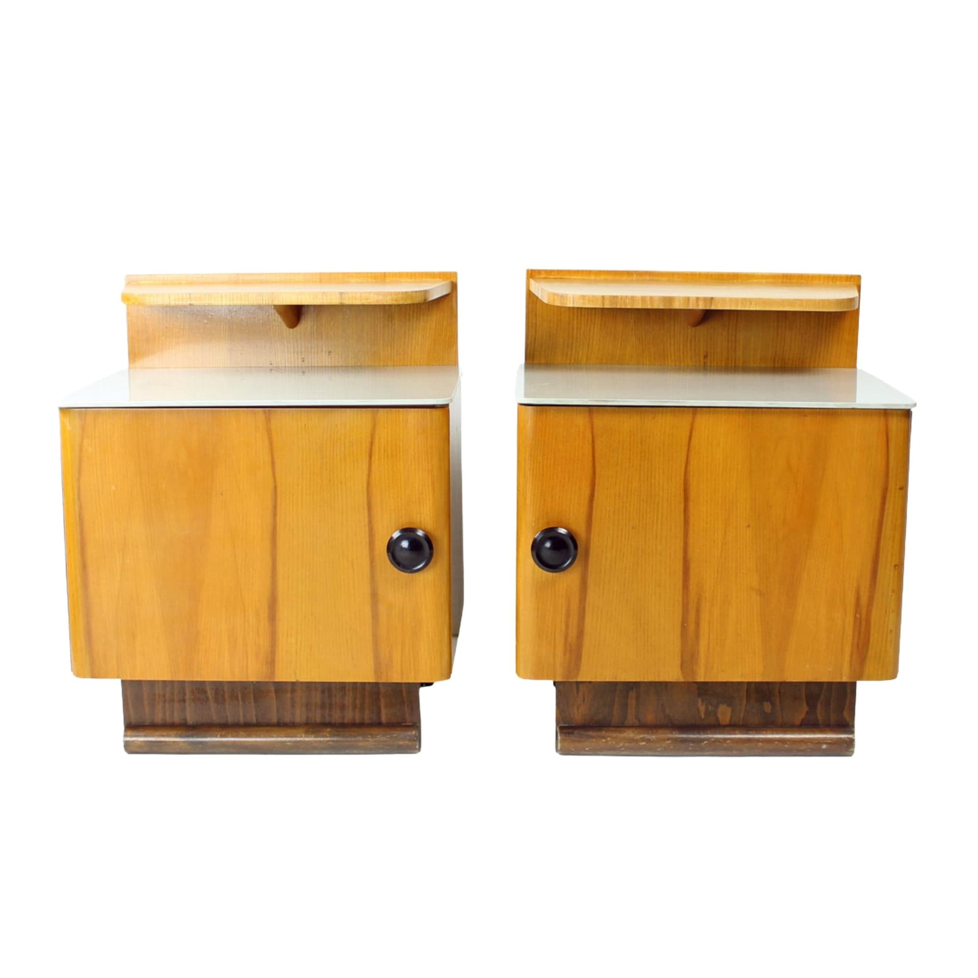 Pair of nightstands, brown oak, grey glass, Czechoslovakia, 1950s.