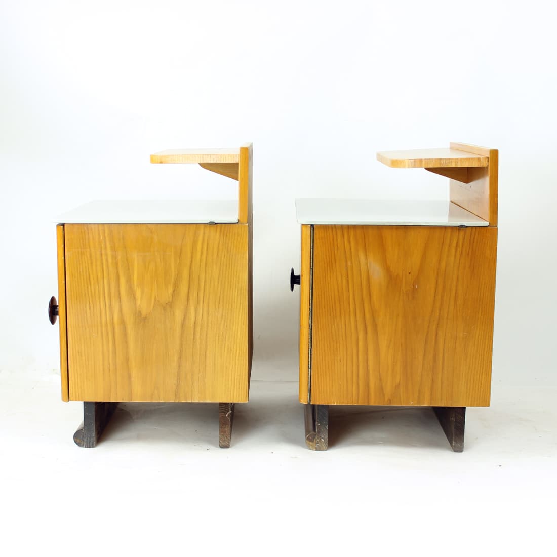Pair of nightstands, brown oak, grey glass, Czechoslovakia, 1950s. - 90907