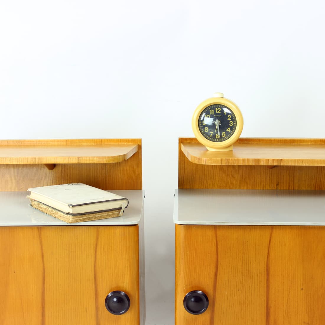 Pair of nightstands, brown oak, grey glass, Czechoslovakia, 1950s. - 90903