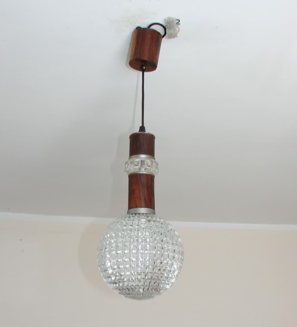 Lampa wisząca, palisander brązowy, szkło przezroczyste, metal, lata 60. - 77302
