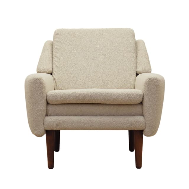Armchair, ivory bouclé, rosewood, Denmark, 1970s. - DIMENSION