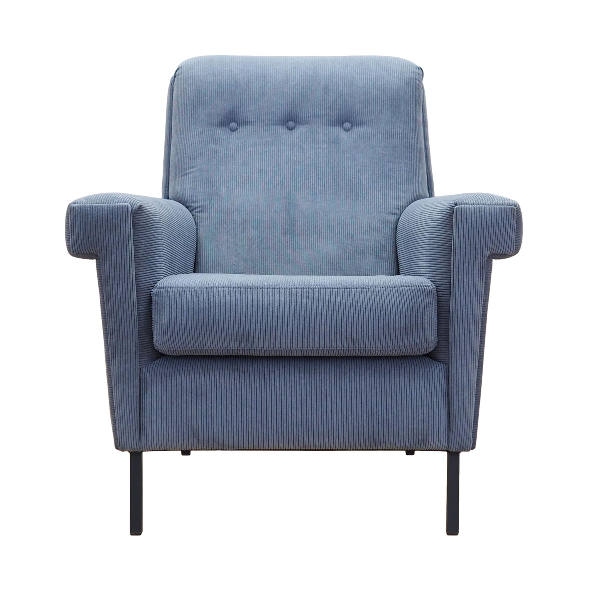 Fotel wypoczynkowy, niebieski, sztruks, metal czarny, Włochy, lata 70.