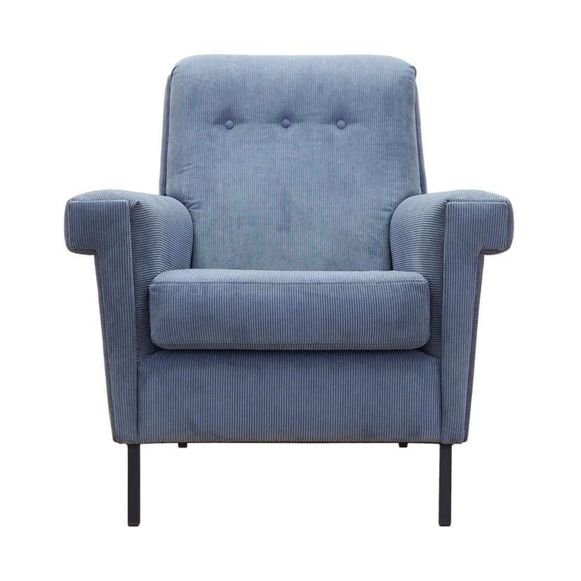 Fotel wypoczynkowy, niebieski, sztruks, metal czarny, Włochy, lata 70.