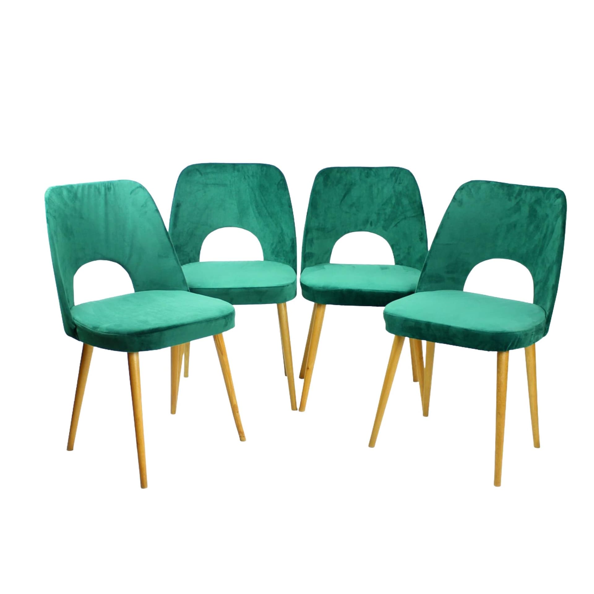 Komplet czterech krzeseł jadalnianych, velvet zielony, dąb jasny, proj. O. Haerdtl, TON, Czechosłowacja, lata 60.