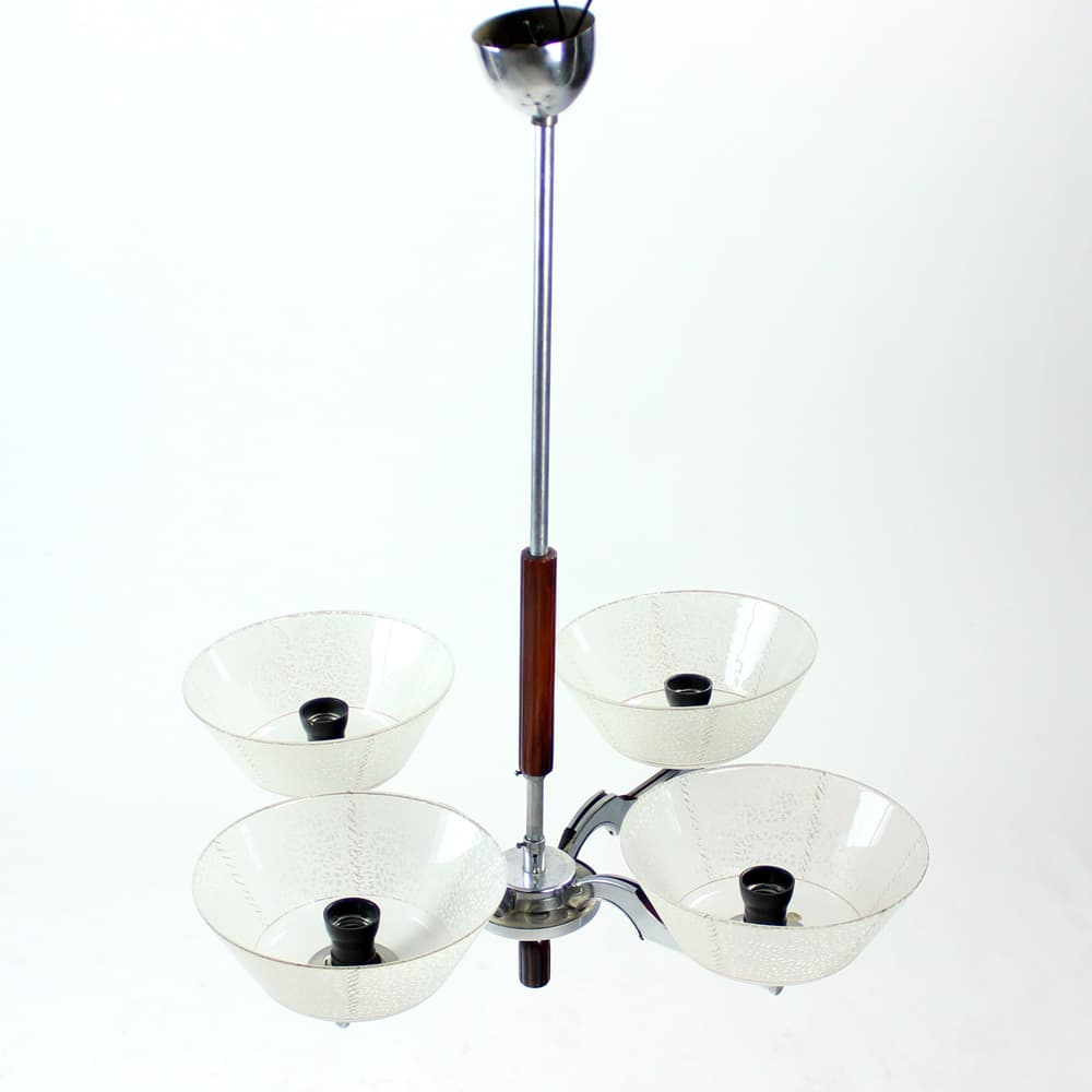 Lampa sufitowa art déco, stal chromowana srebrna, szkło mleczne, drewno ciemne, Czechosłowacja, lata 40. - 91218