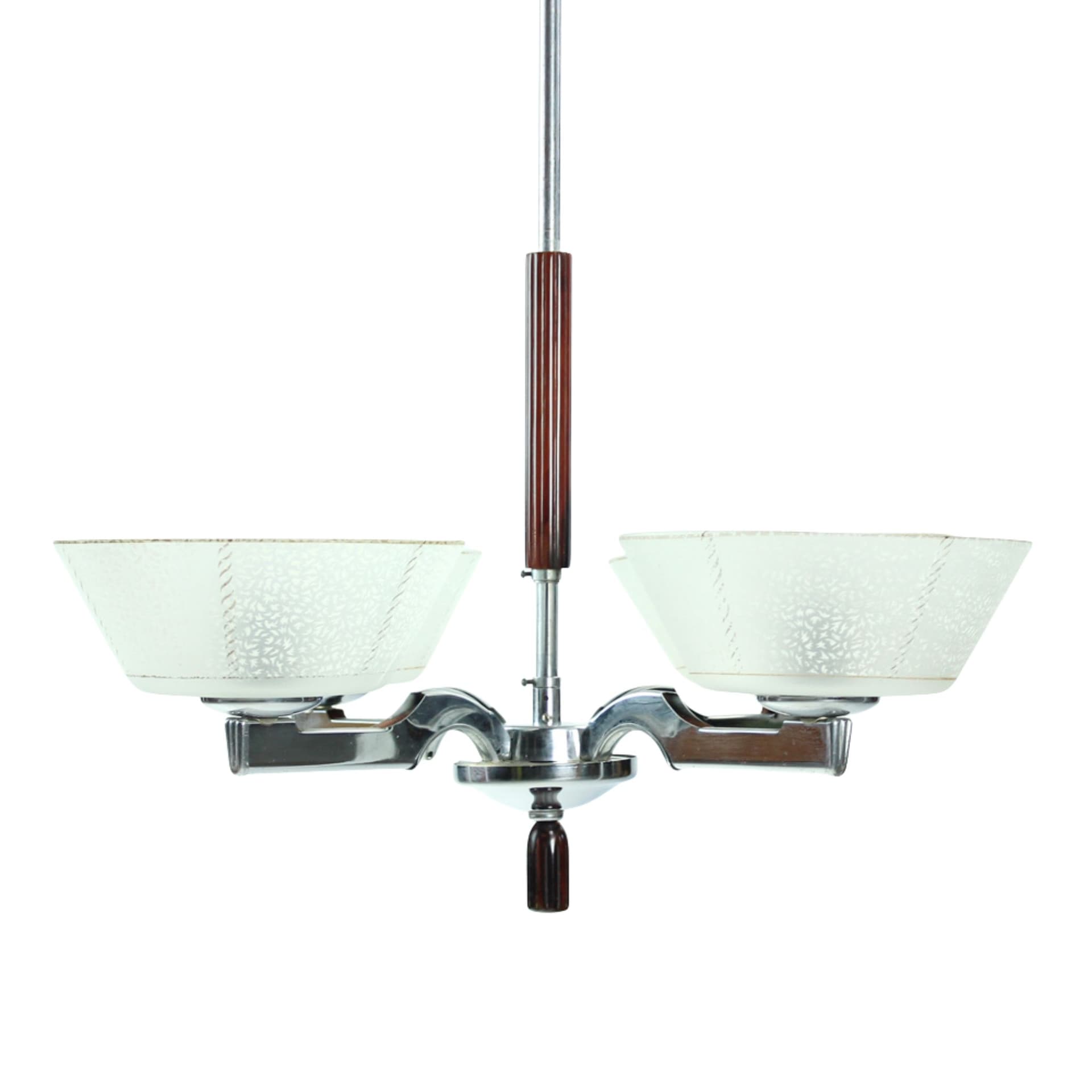 Lampa sufitowa art déco, stal chromowana srebrna, szkło mleczne, drewno ciemne, Czechosłowacja, lata 40. - 92513