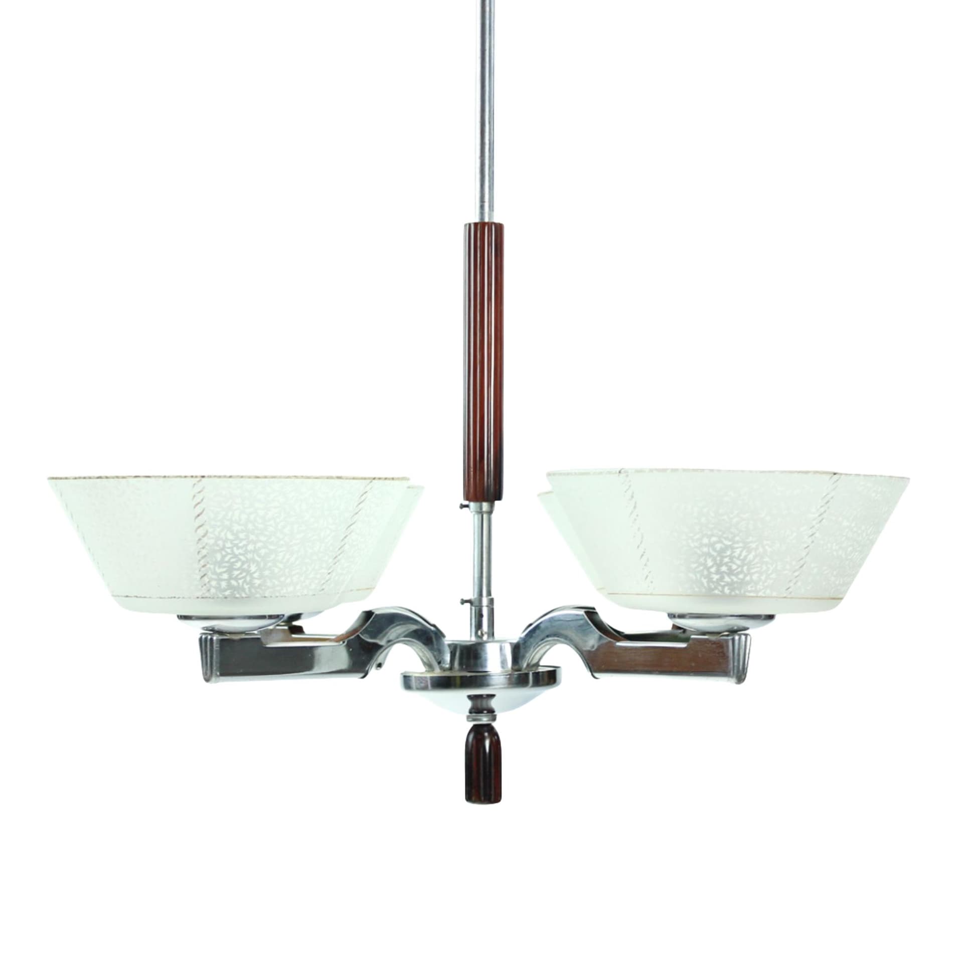 Lampa sufitowa art déco, stal chromowana srebrna, szkło mleczne, drewno ciemne, Czechosłowacja, lata 40.