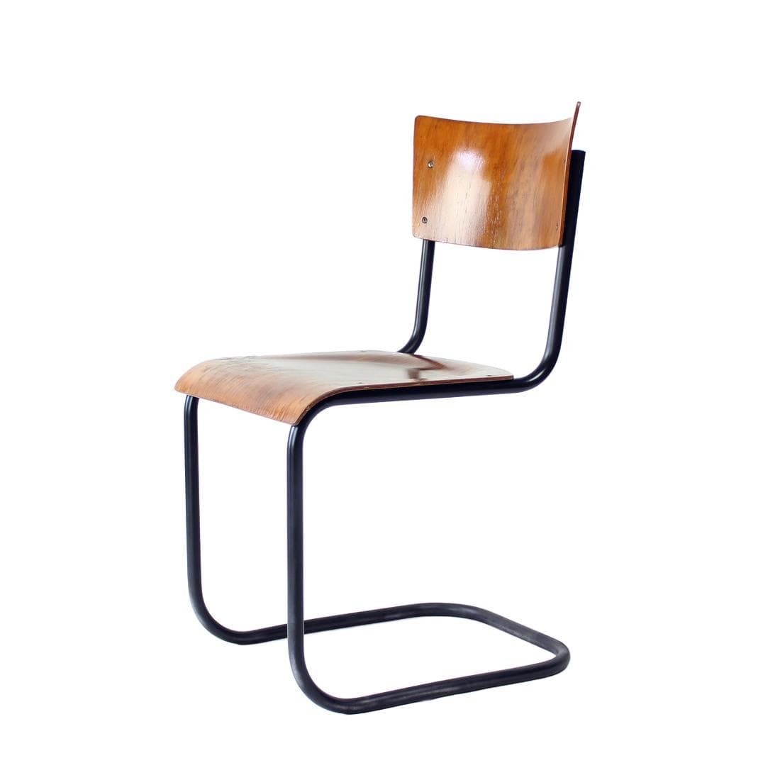 Krzesło biurkowe tubularne, sklejka brązowa, stal czarna, proj. M. Breuer, Kovona, Czechosłowacja, lata 60.