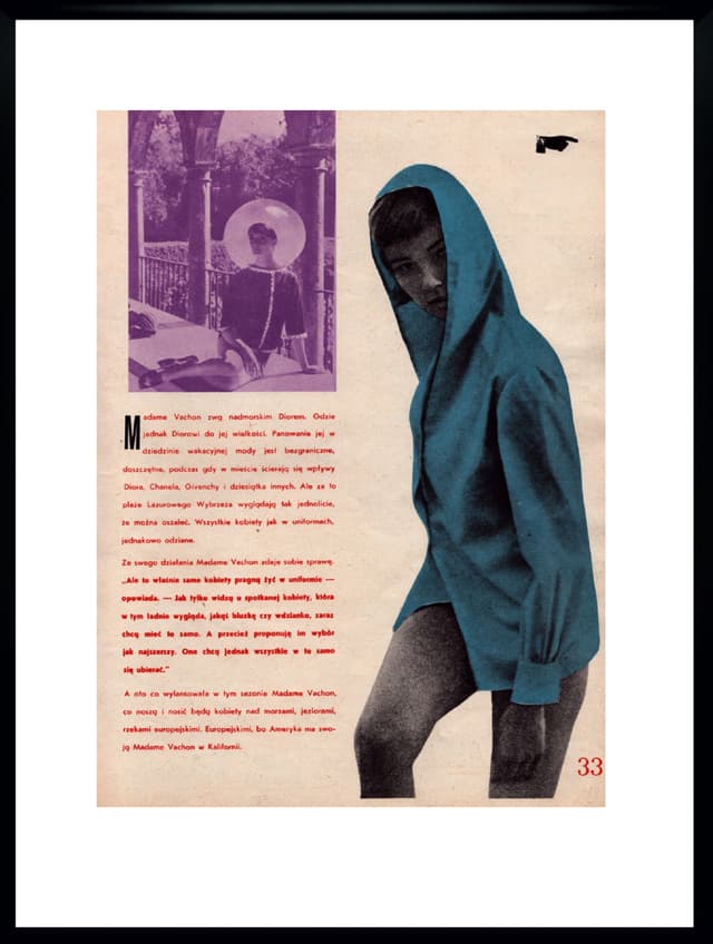 Kolaż ścienny MADAME VACHON, papier, rama czarna, Polska, lata 60. - WYMIARY