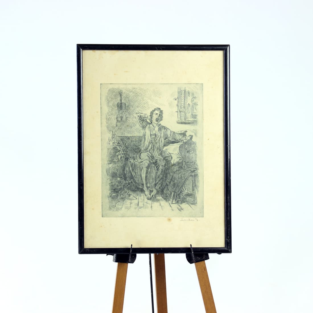 Wall drawing, grey, paper, black wooden frame, Czechoslovakia, 1950s - 91339