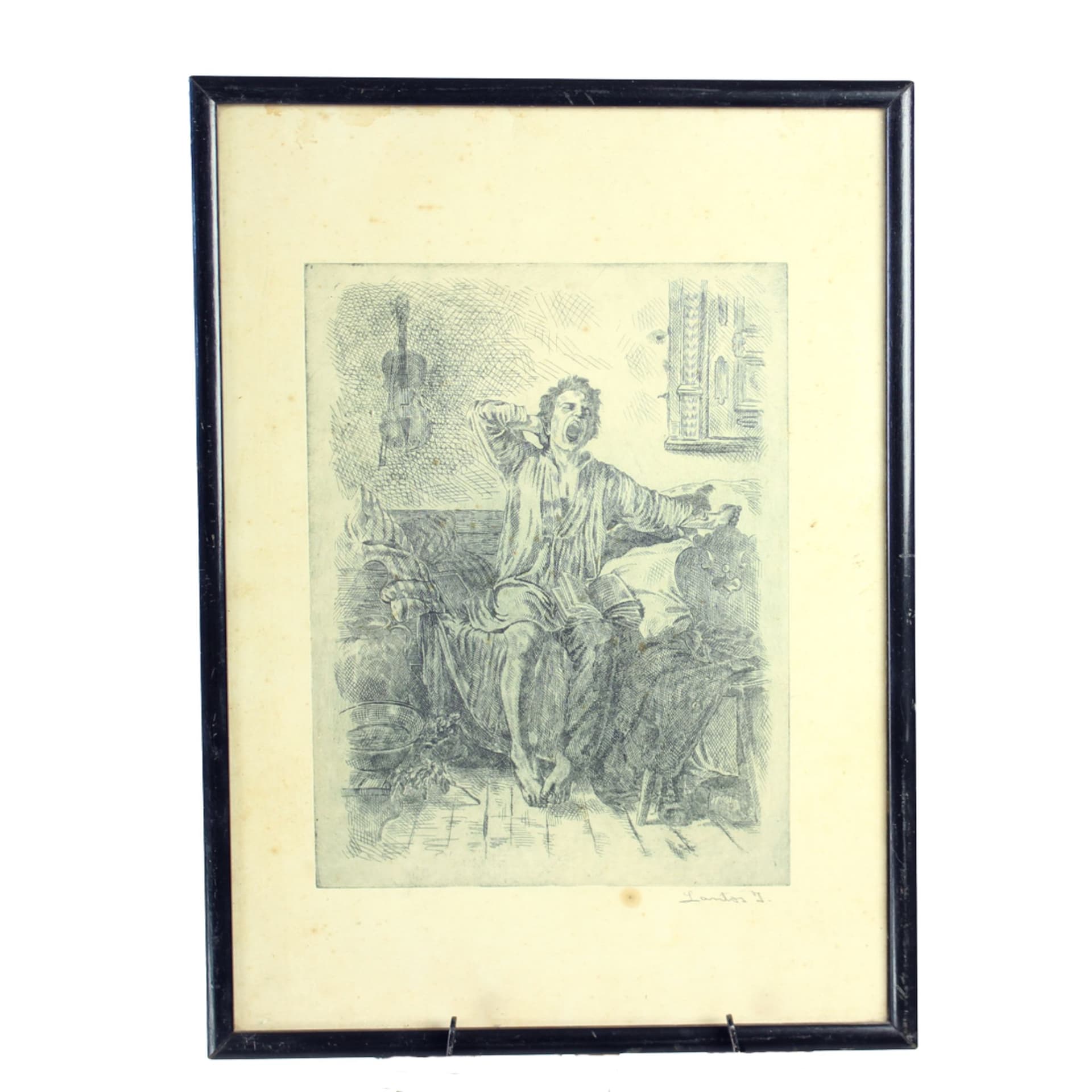 Wall drawing, grey, paper, black wooden frame, Czechoslovakia, 1950s - 92867