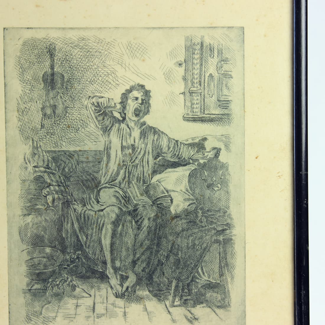 Wall drawing, grey, paper, black wooden frame, Czechoslovakia, 1950s - 91342