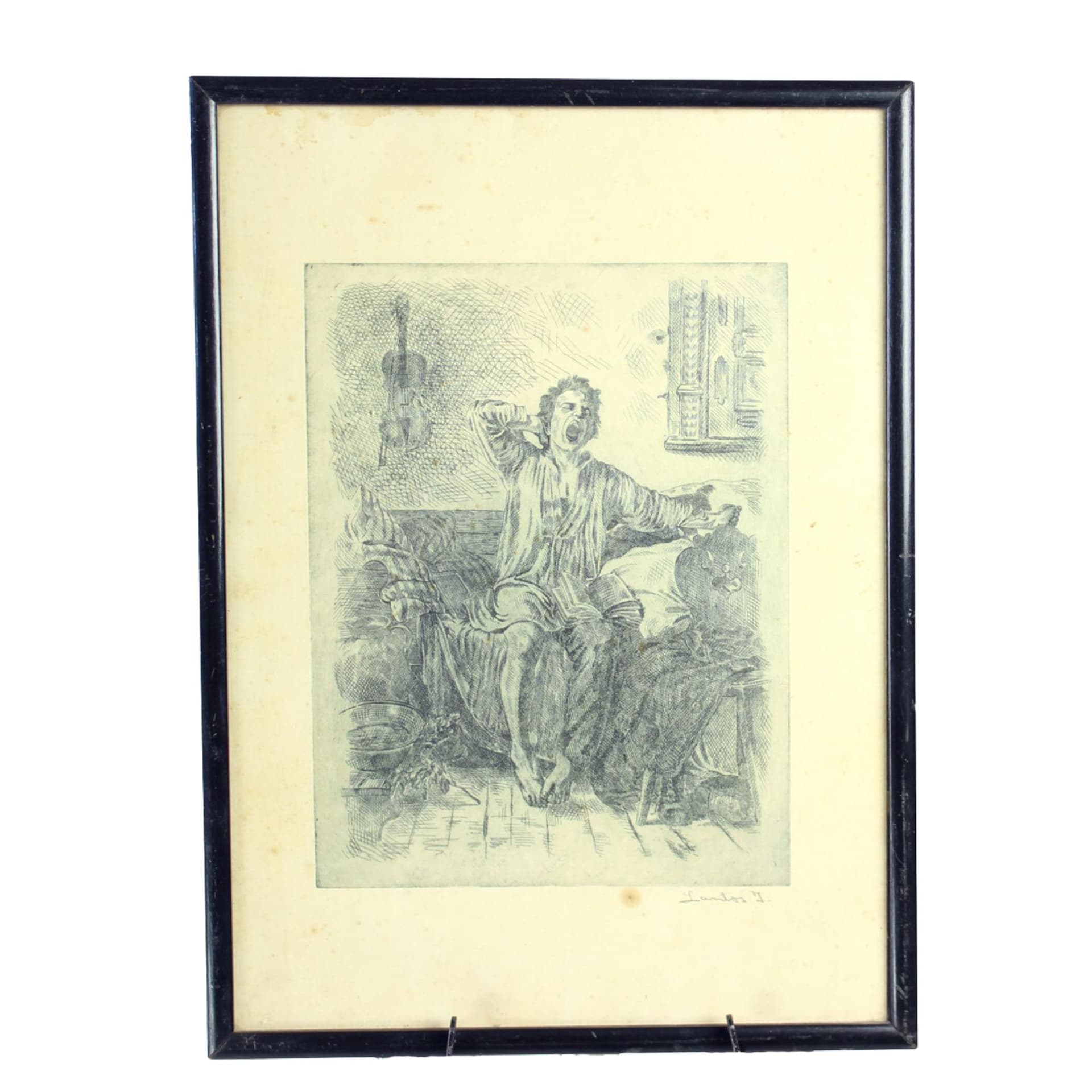 Wall drawing, grey, paper, black wooden frame, Czechoslovakia, 1950s