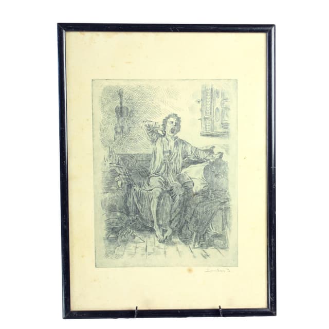 Wall drawing, grey, paper, black wooden frame, Czechoslovakia, 1950s - DIMENSION