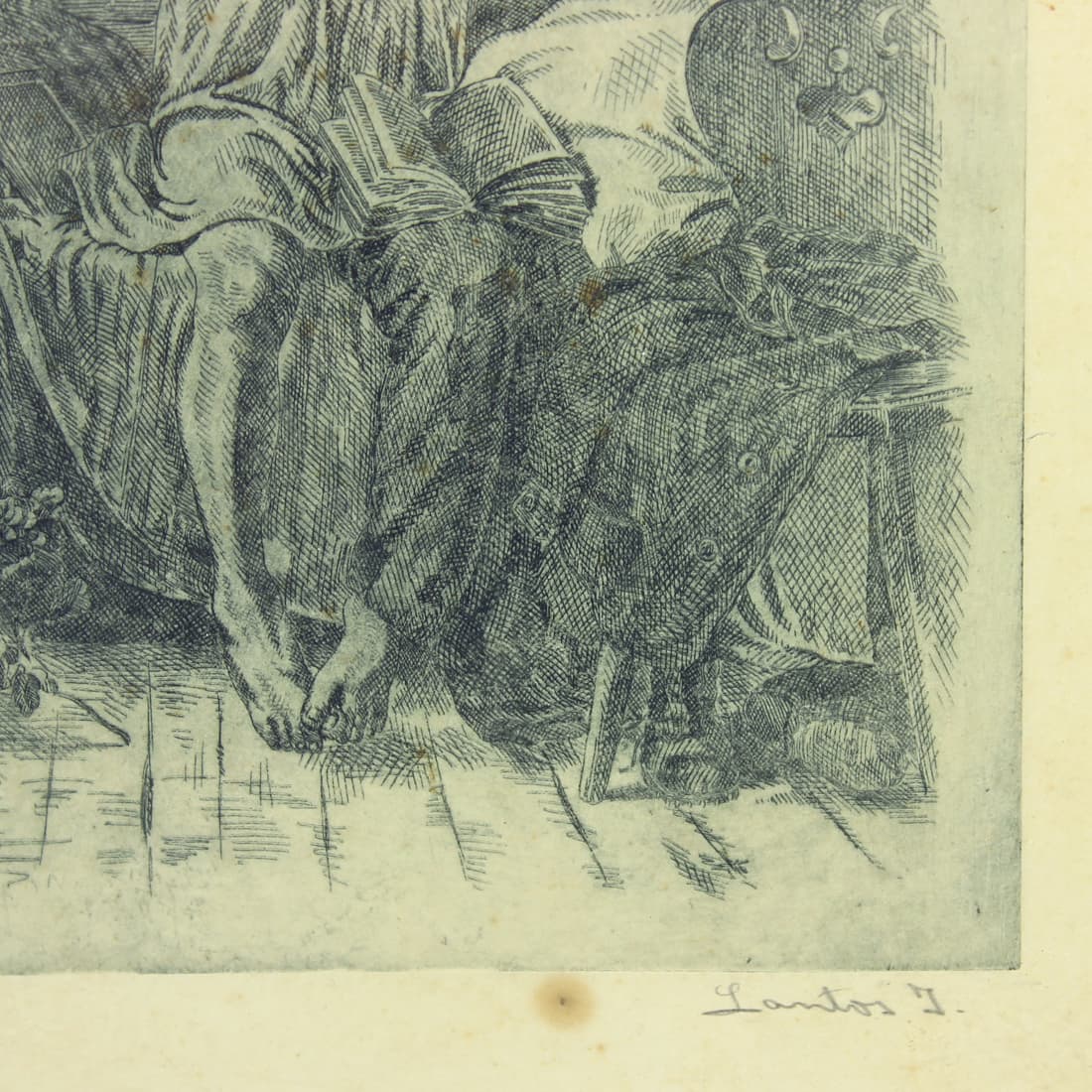 Wall drawing, grey, paper, black wooden frame, Czechoslovakia, 1950s - 91345