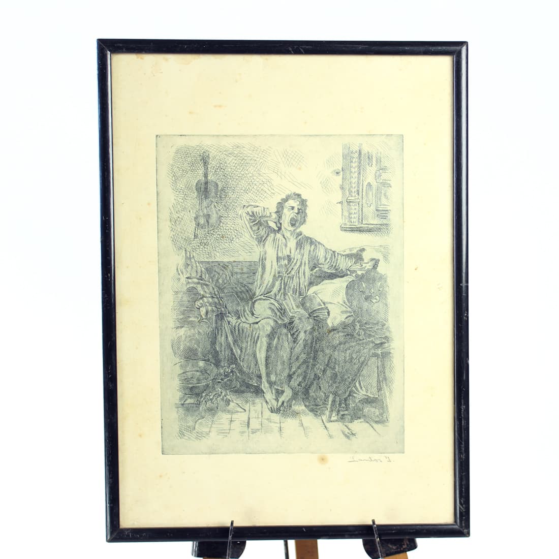 Wall drawing, grey, paper, black wooden frame, Czechoslovakia, 1950s - 91346