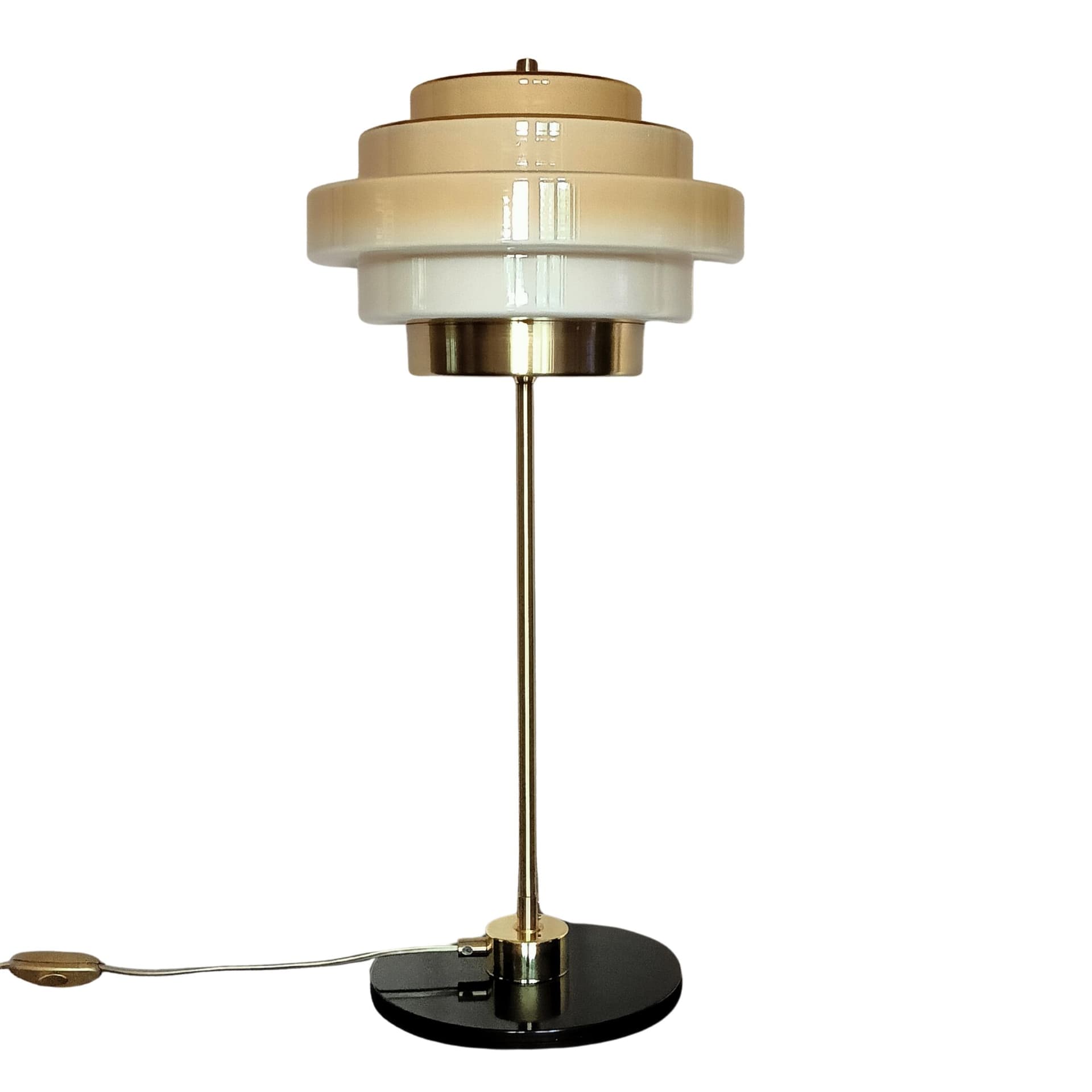 Lampa biurkowa, szkło beżowe, mosiądz, Niemcy, lata 70.