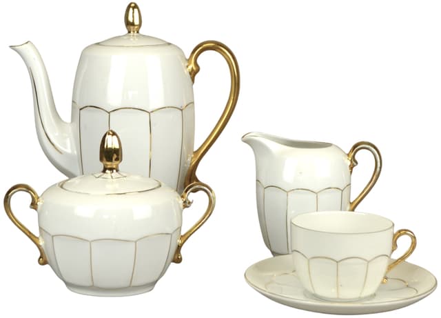 Serwis kawowo-herbaciany Art déco, Victoria, porcelana ivory white, Czechy, lata 20. - WYMIARY