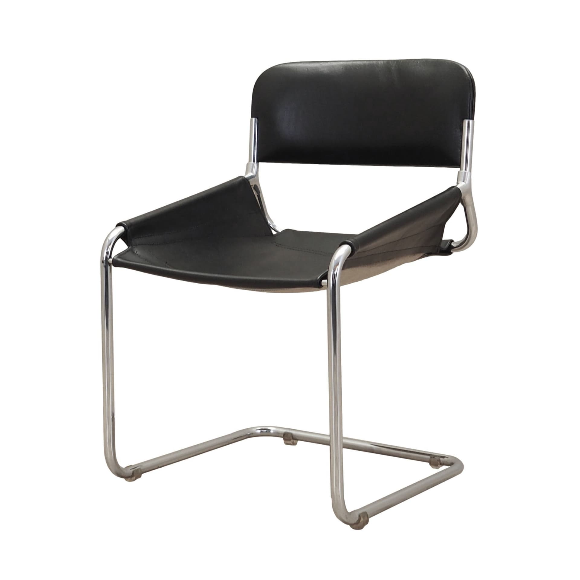 Krzesło, skóra czarna, metal chromowany, Włochy, lata 70.