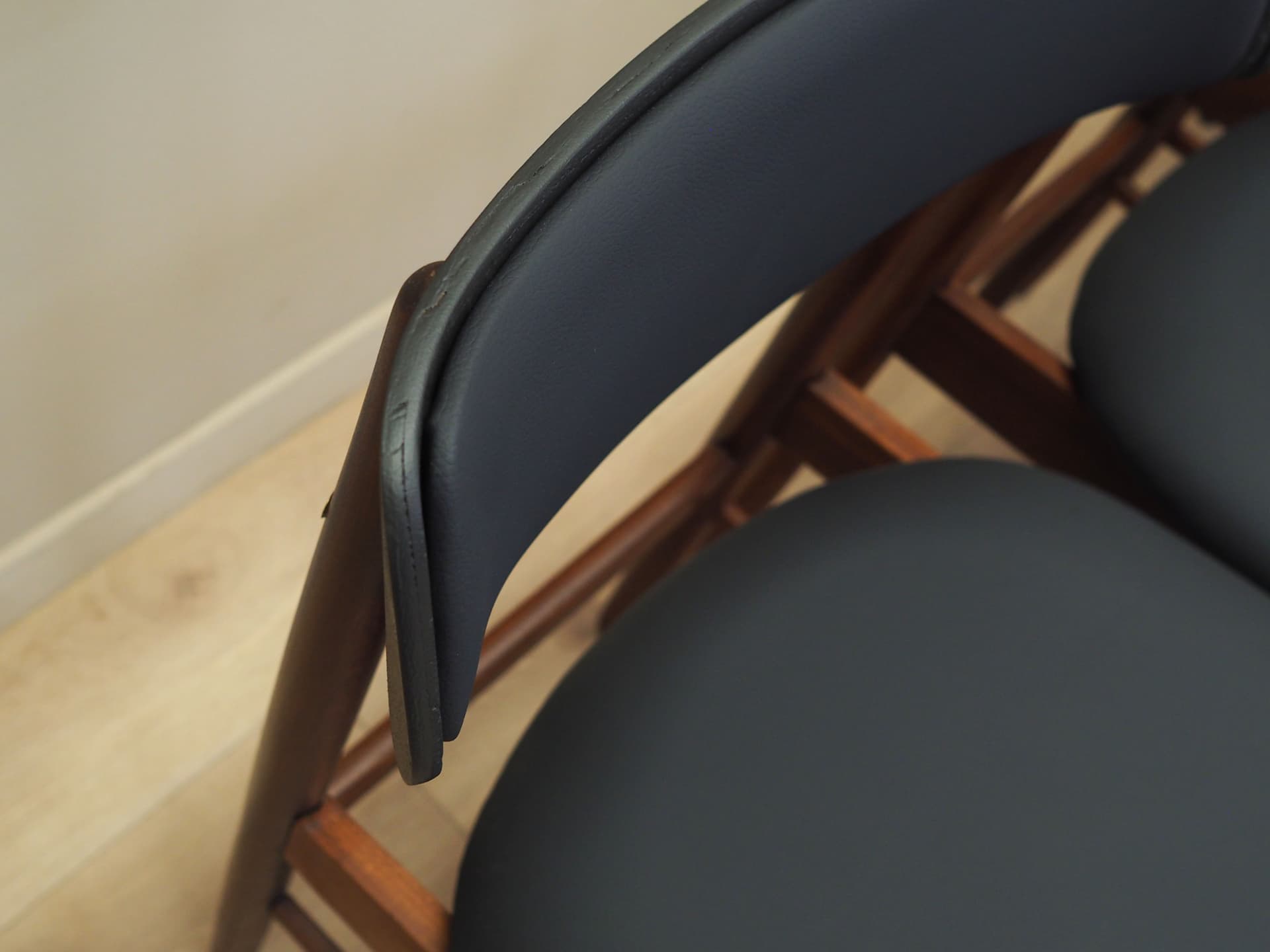 Set of four chairs, brown teak, black artificial leather, Denmark, 1960s. - 80667