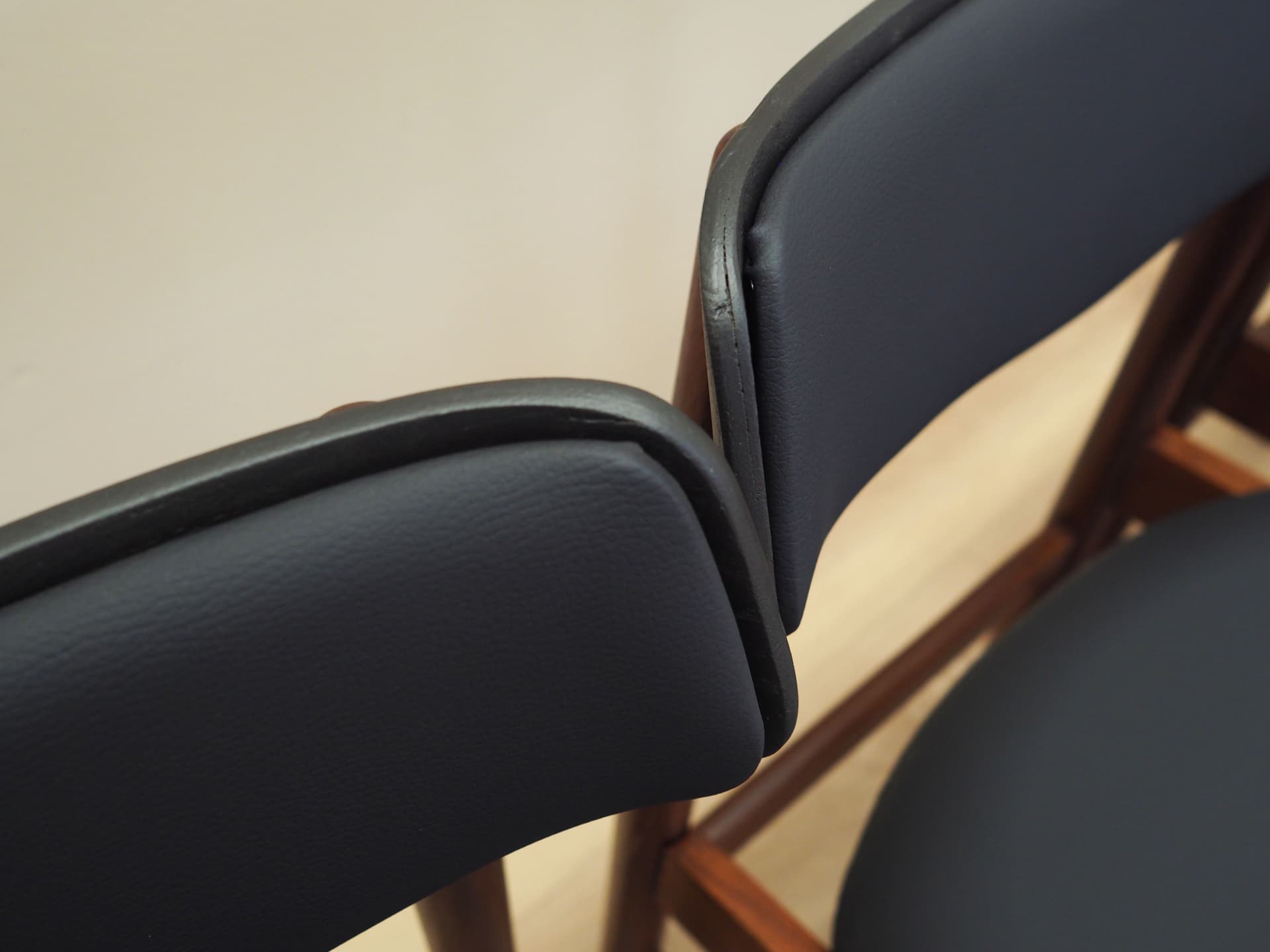 Set of four chairs, brown teak, black artificial leather, Denmark, 1960s. - 80677
