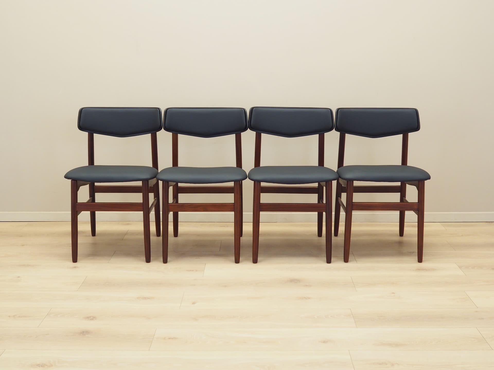 Set of four chairs, brown teak, black artificial leather, Denmark, 1960s. - 80666