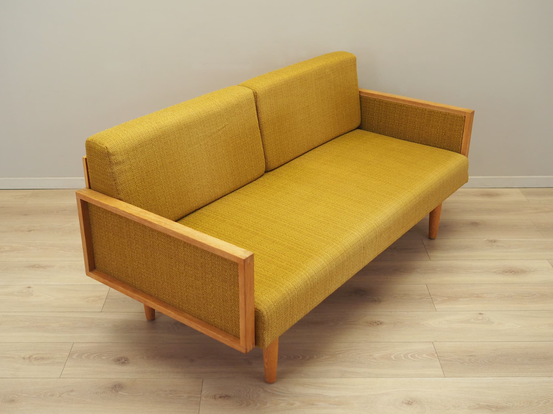 Sofa, żółty, dąb, tkanina, Dania, lata 60. - 80698