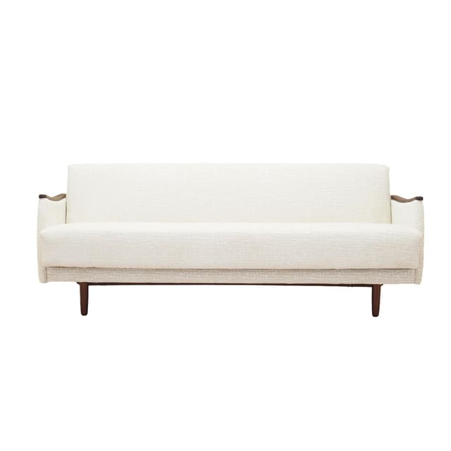 Sofa rozkładana, ivory white, tkanina, drewno teak, Dania, lata 70. - WYMIARY