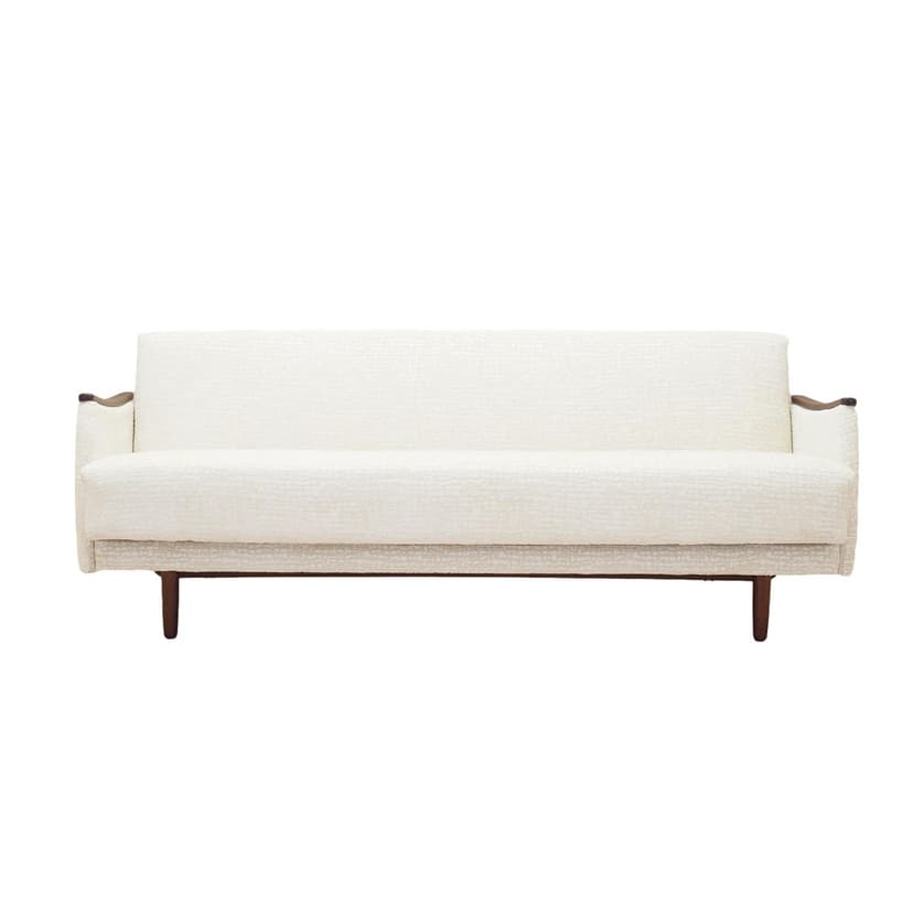 Sofa rozkładana, ivory white, tkanina, drewno teak, Dania, lata 70.