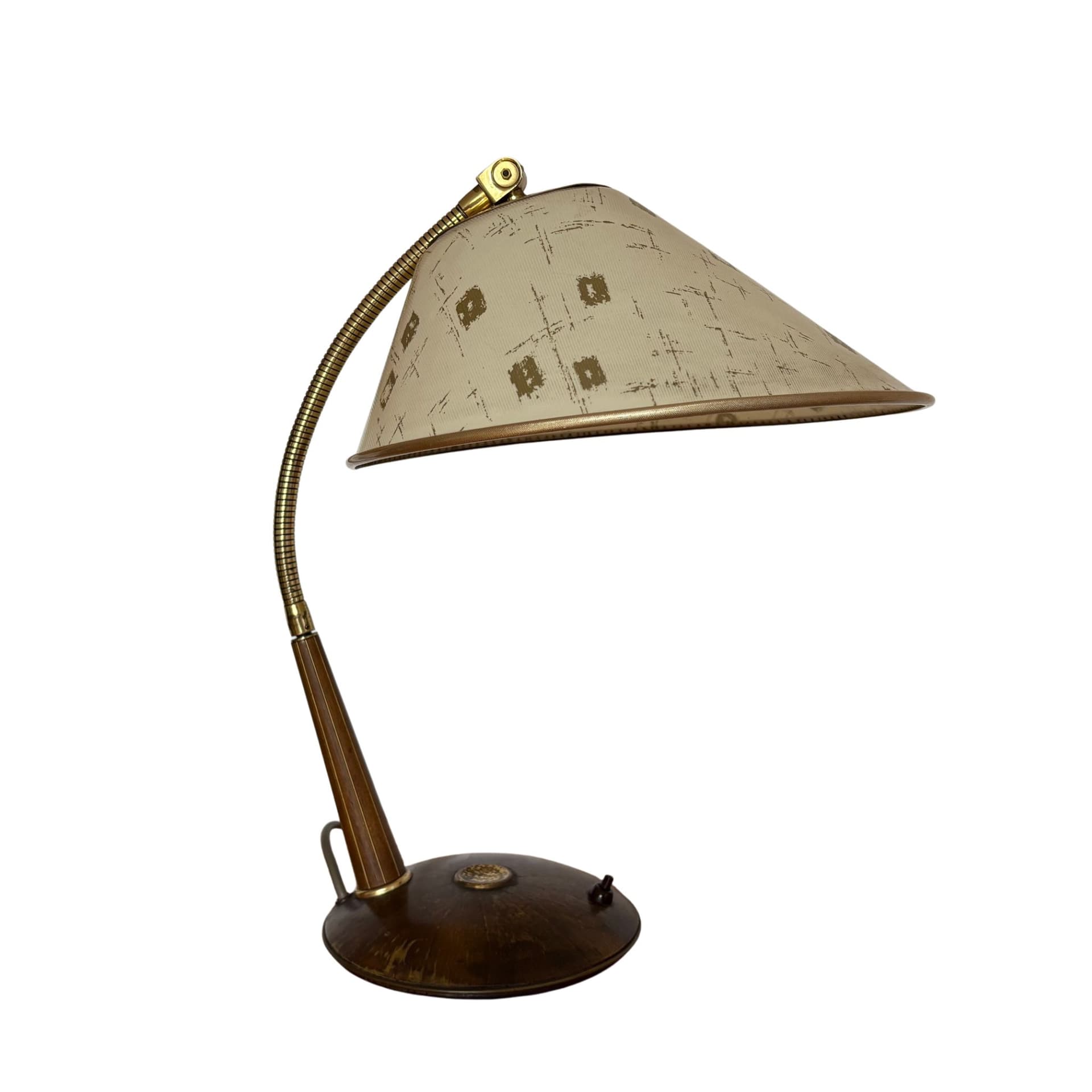 Lampa stołowa, orzech jasnobrązowy, mosiądz, Temde Leuchten, Niemcy, lata 60.