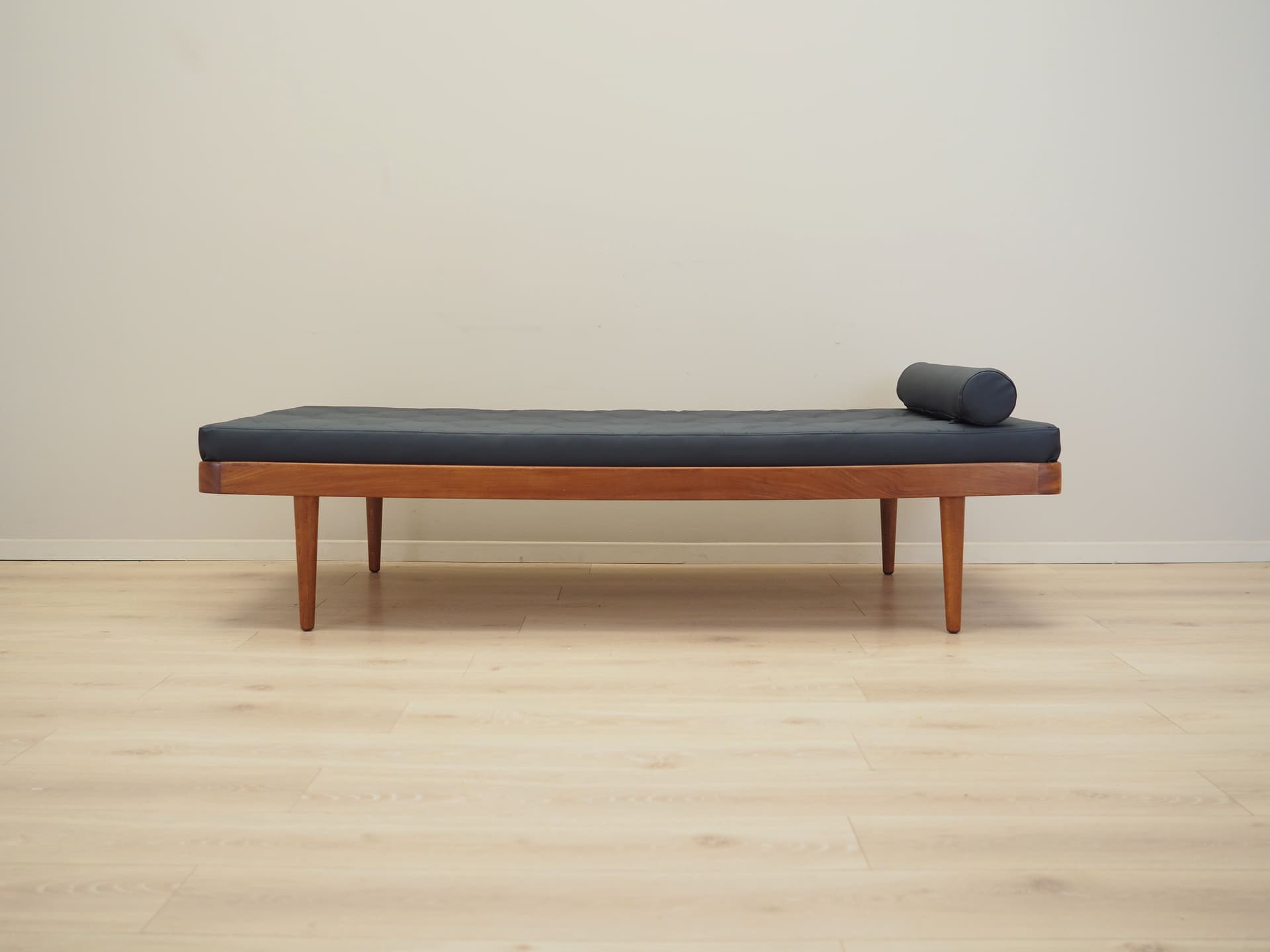 Daybed, brown teak, black eco-leather, Denmark, 1970s. - 81098