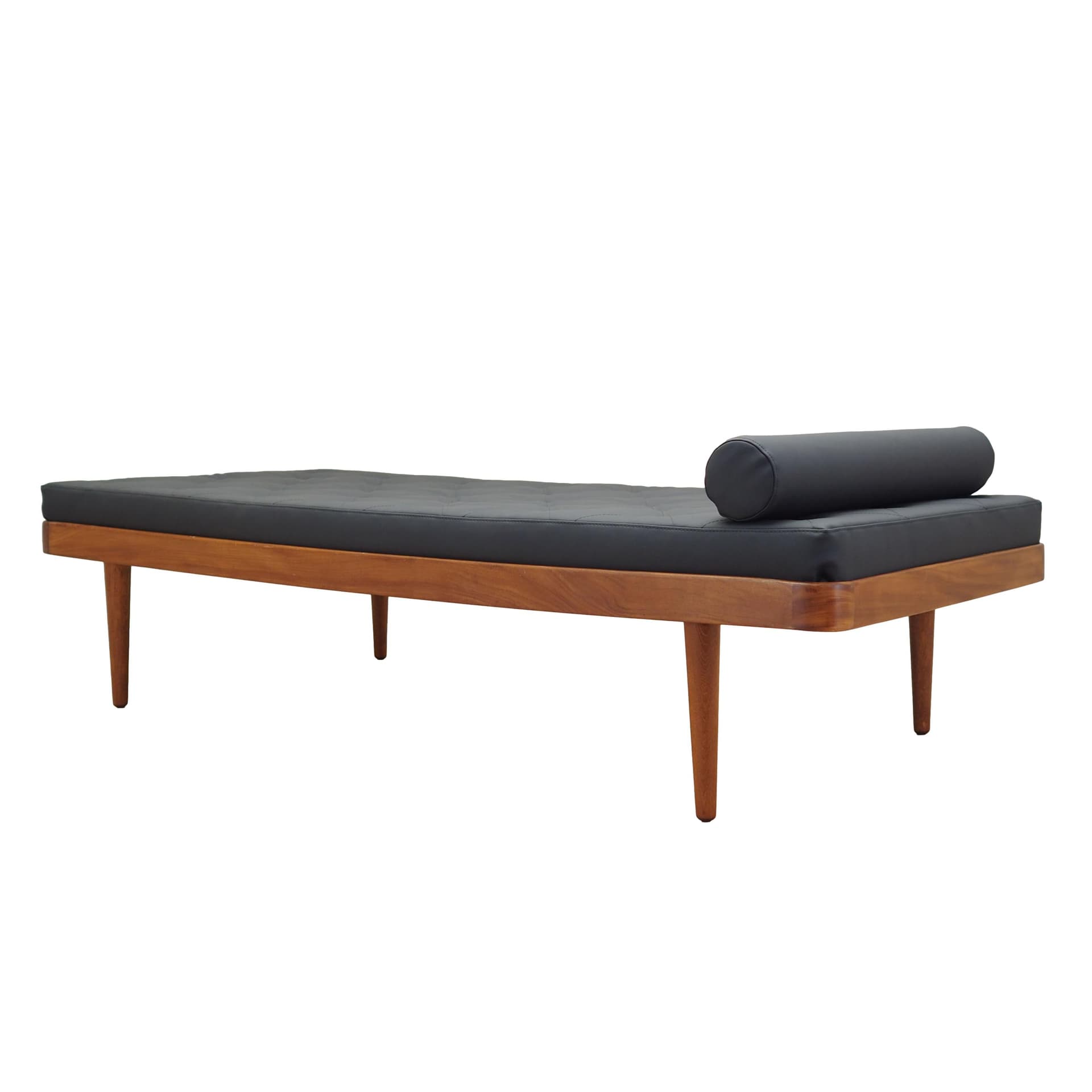 Daybed, brown teak, black eco-leather, Denmark, 1970s.
