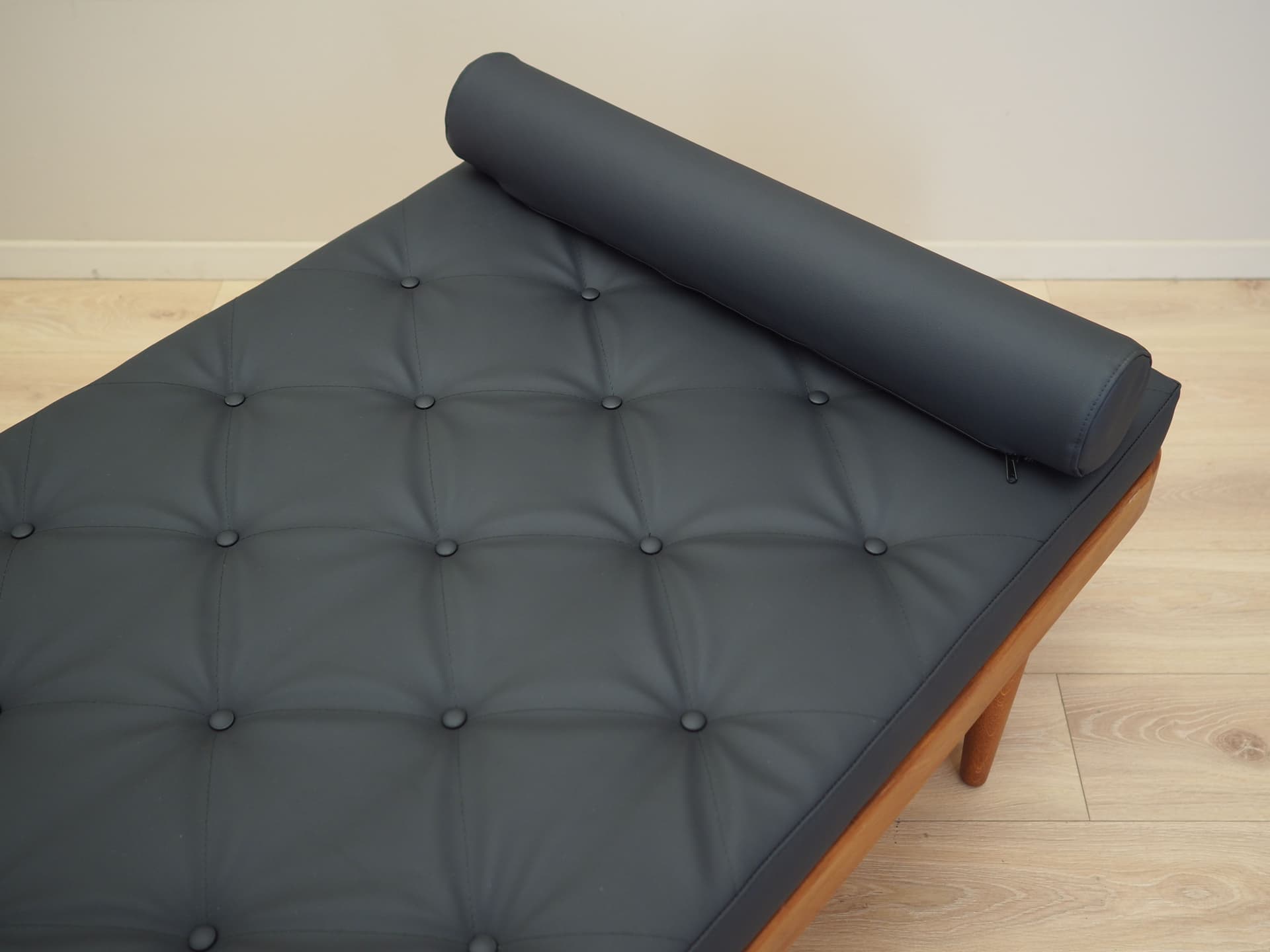 Daybed, brown teak, black eco-leather, Denmark, 1970s. - 81101