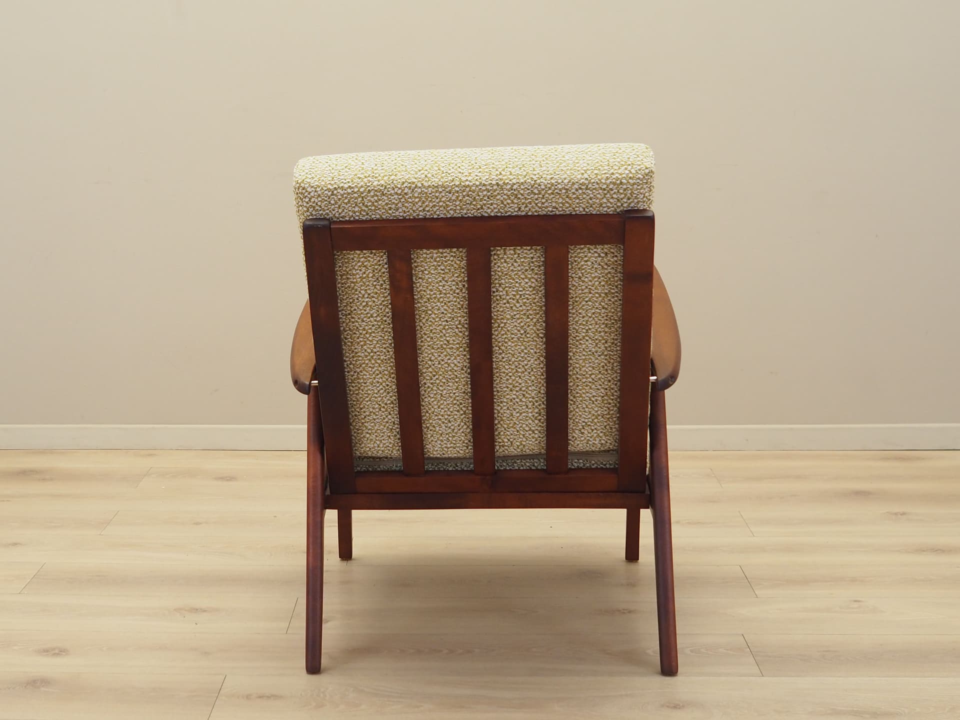 Armchair, beige melange bouclé, teak wood, Denmark, 1970s. - 81693