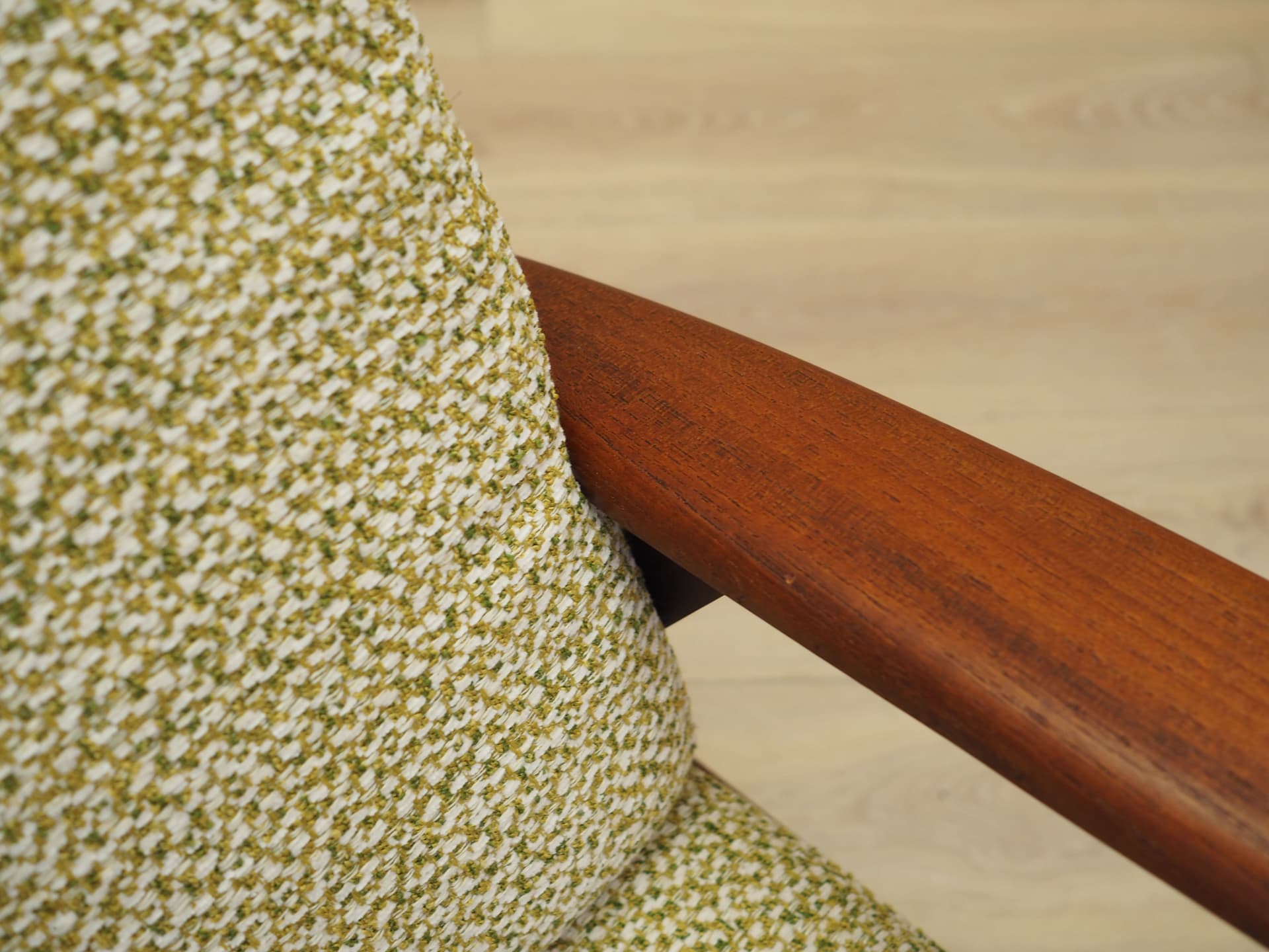 Armchair, beige melange bouclé, teak wood, Denmark, 1970s. - 81699