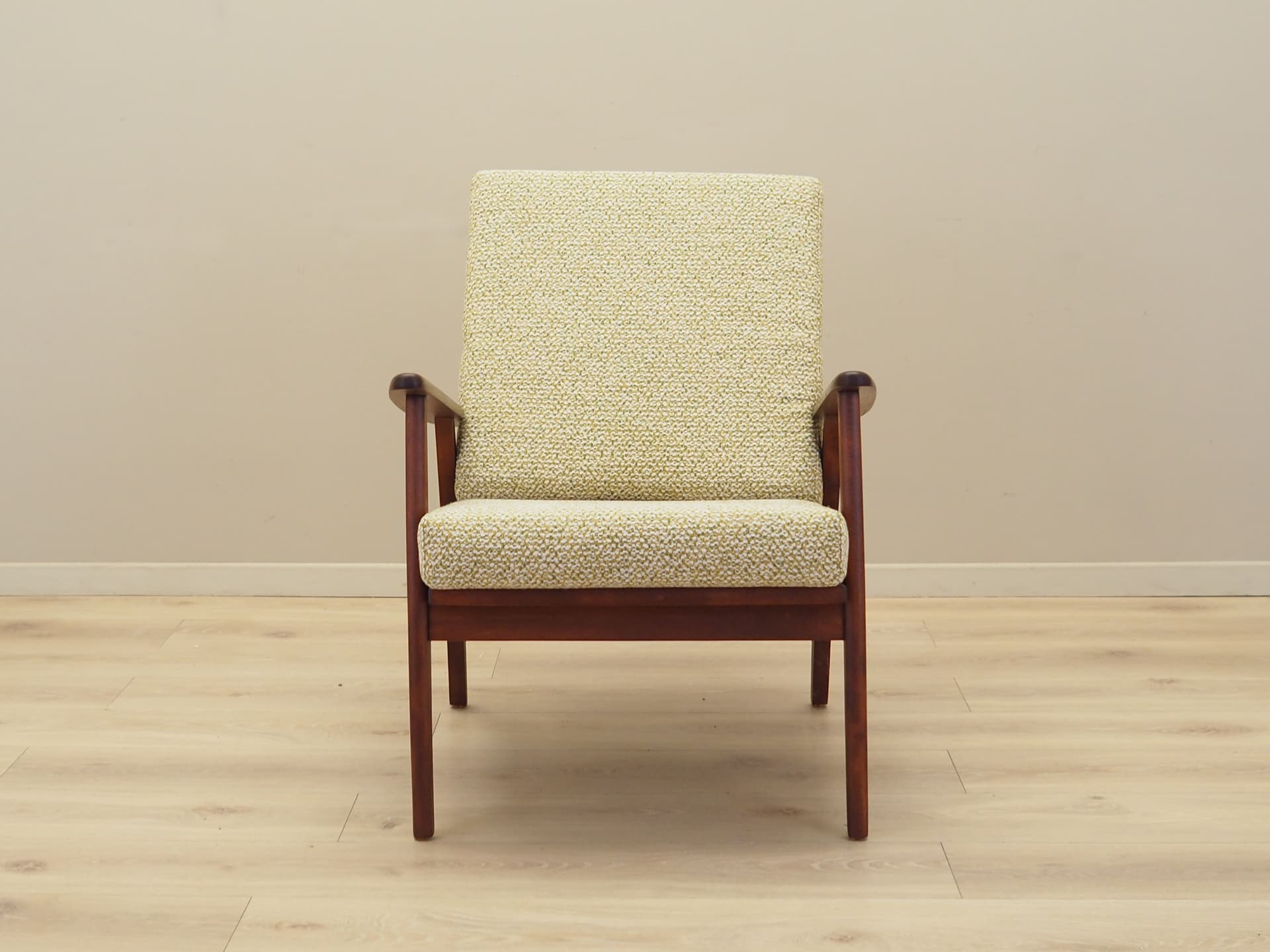 Armchair, beige melange bouclé, teak wood, Denmark, 1970s. - 81691