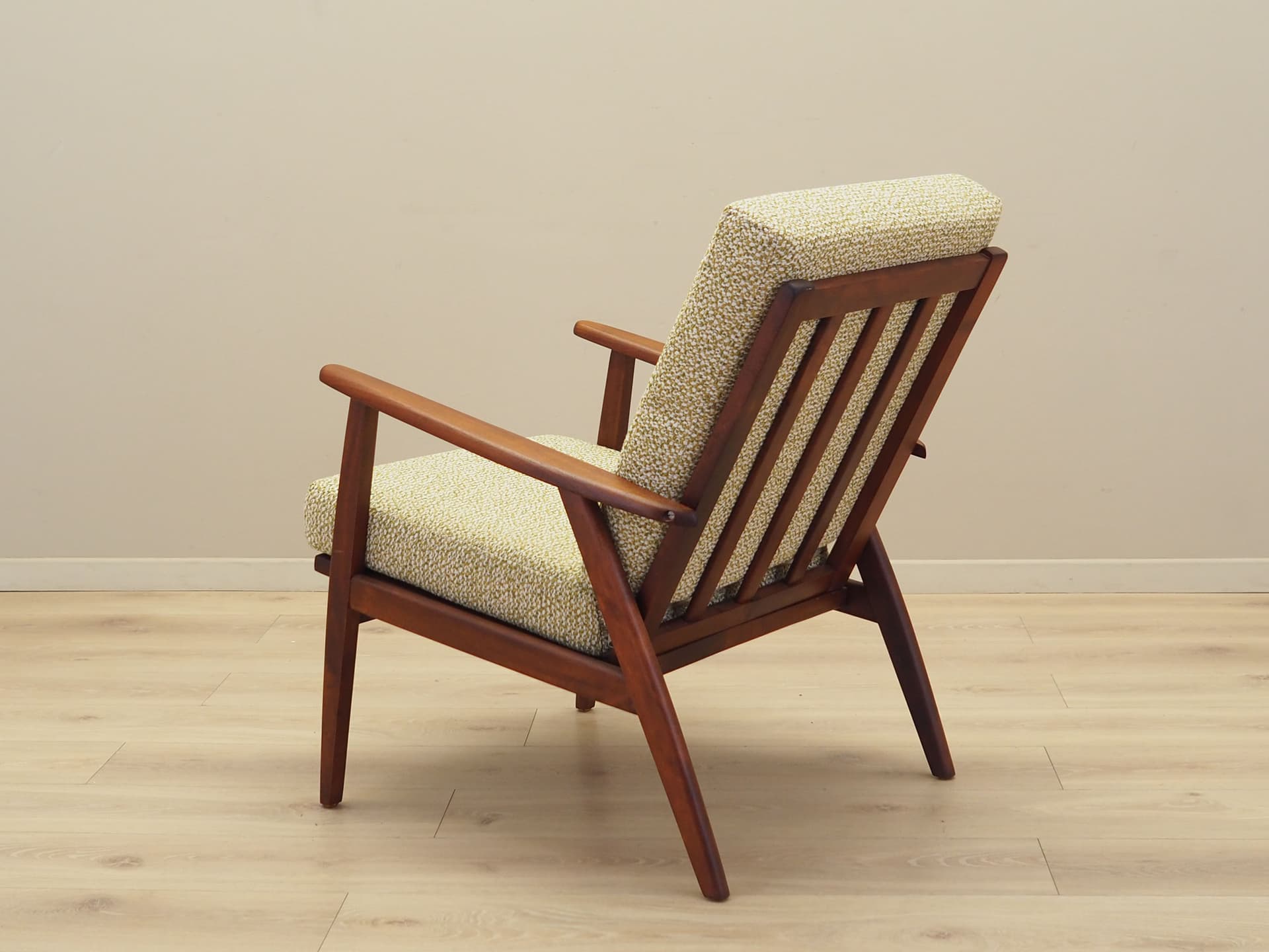 Armchair, beige melange bouclé, teak wood, Denmark, 1970s. - 81692