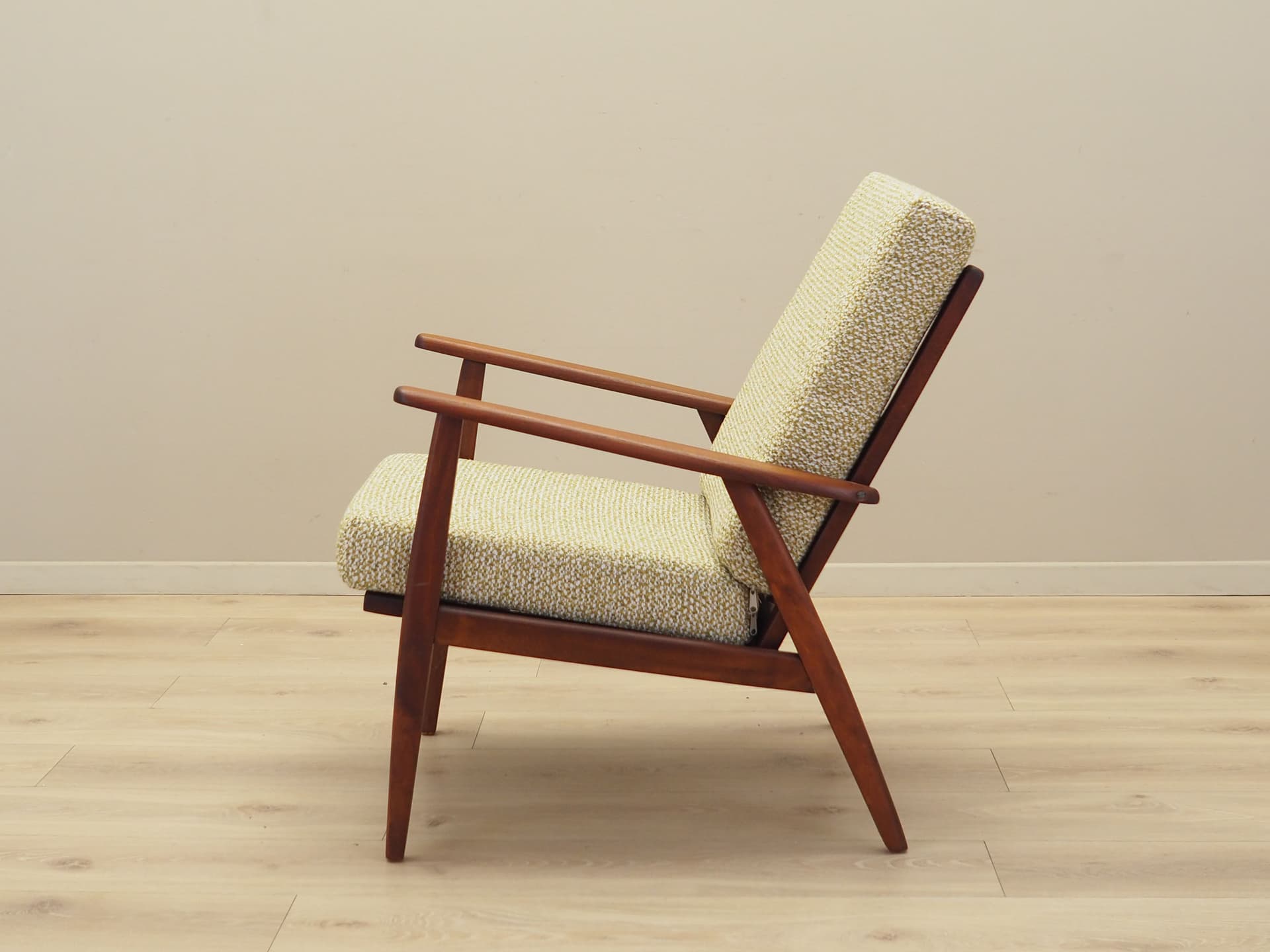 Armchair, beige melange bouclé, teak wood, Denmark, 1970s. - 81689