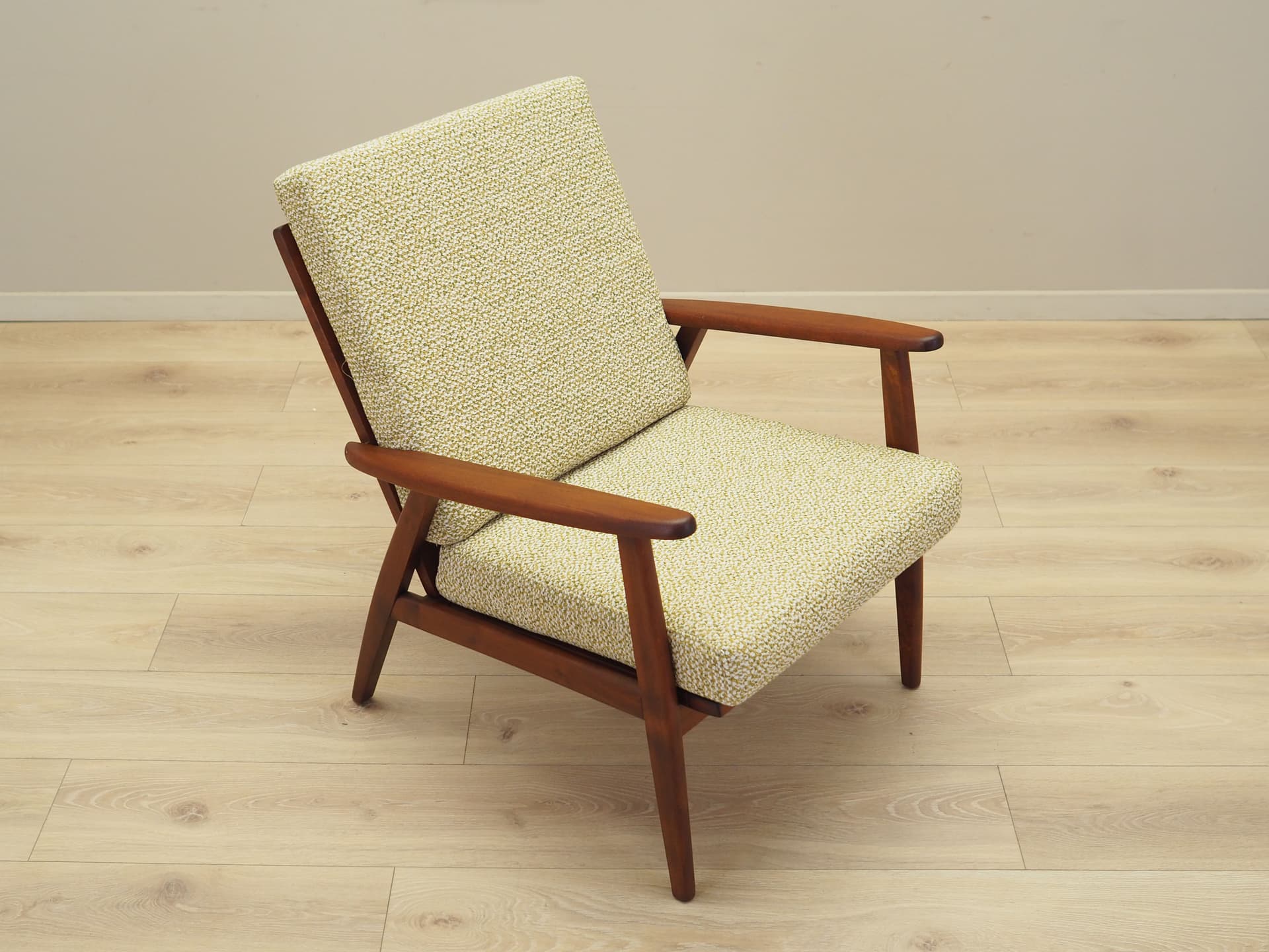 Armchair, beige melange bouclé, teak wood, Denmark, 1970s. - 81696