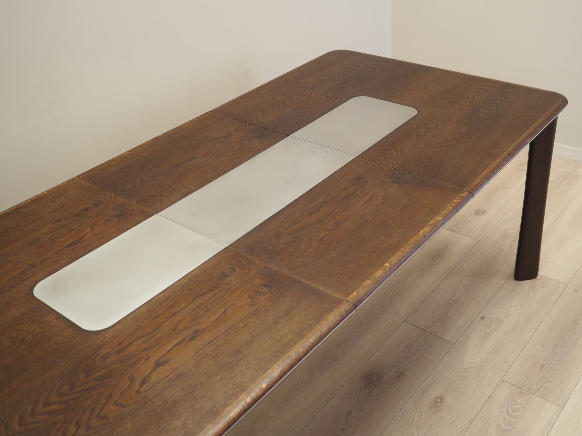 Dining Table, dark brown oak, metal, Uldum Møbelfabrik, Denmark, 1970s. - 81848