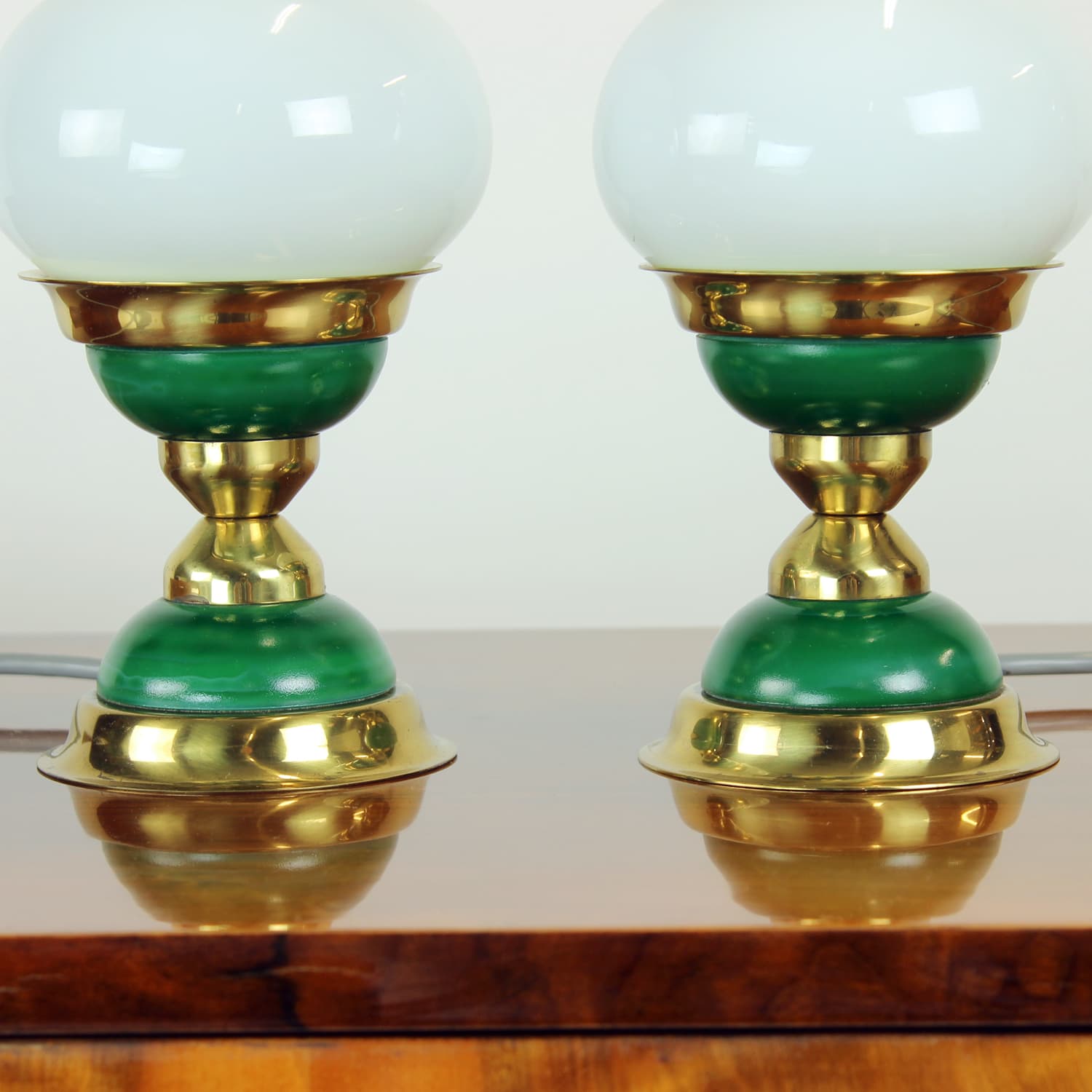 Para lamp stołowych, zielony, mosiądz, szkło opalowe, Czechosłowacja, lata 50. - 91425